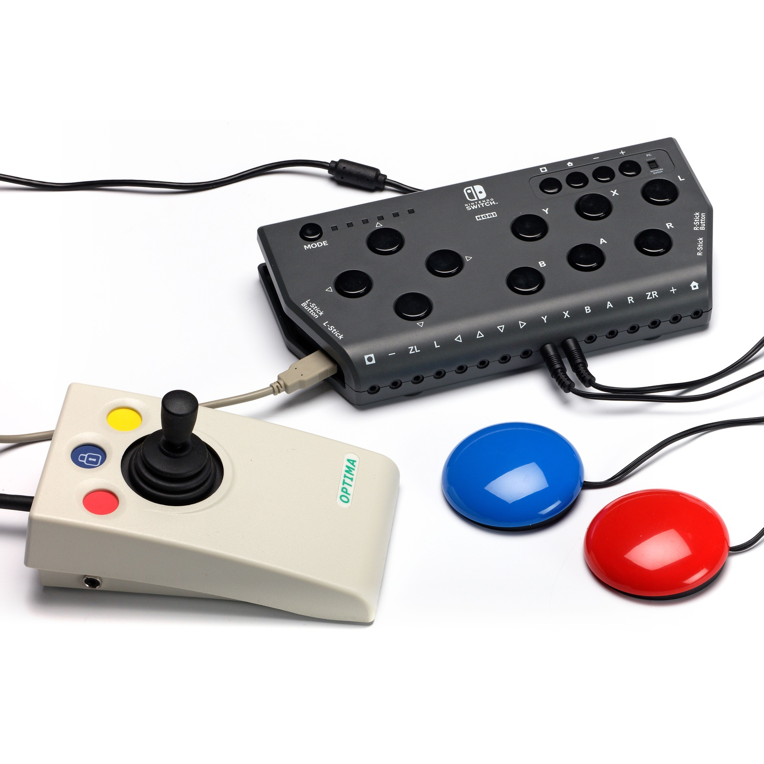 Un controller Nintendo Switch con joystick e due pulsanti rotondi.