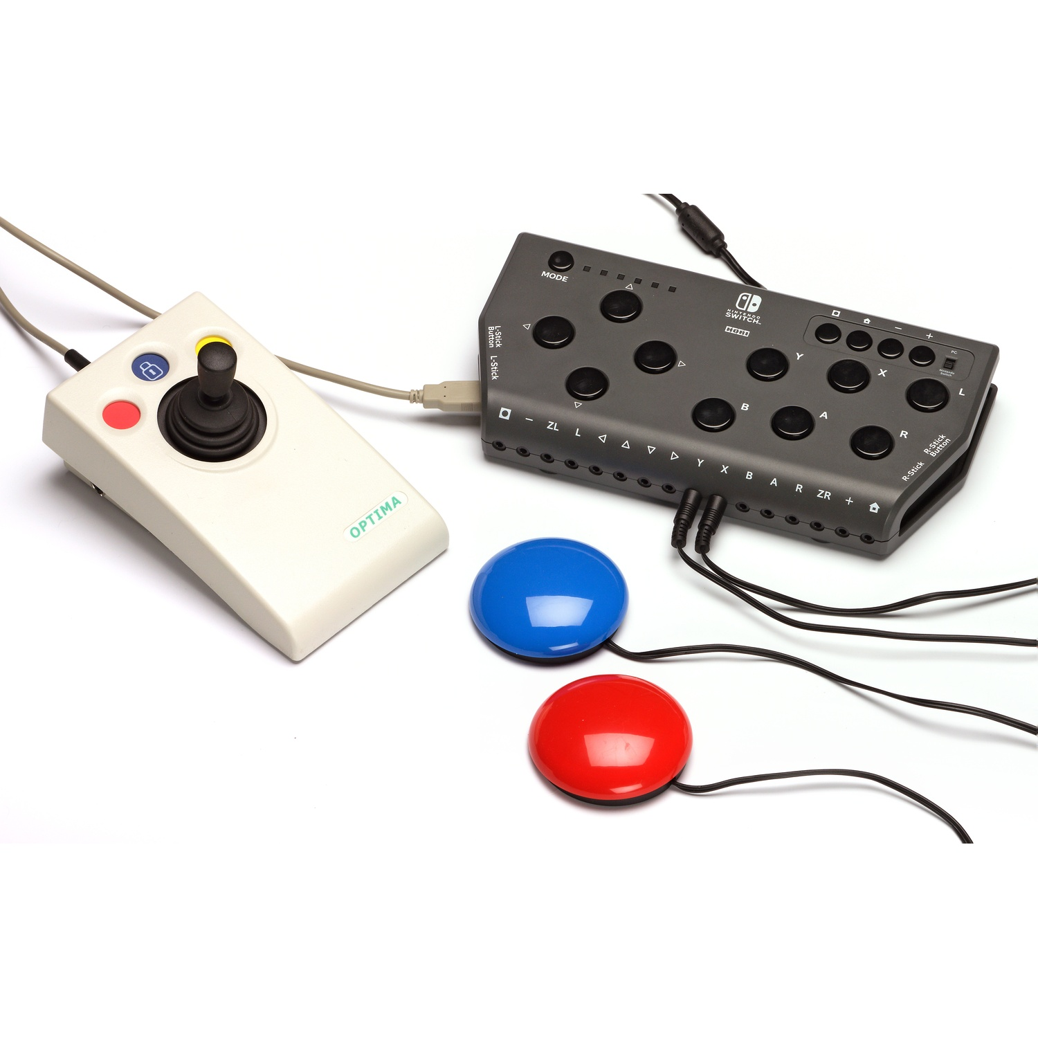 Un joystick, un pannello di controllo grigio e due pulsanti rotondi (blu, rosso).