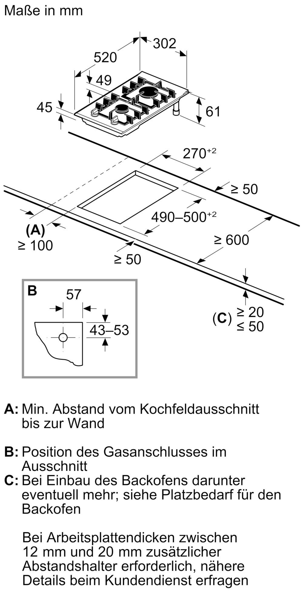 Technische Zeichnung eines Gaskochfelds mit Maßen und Einbauhinweisen.