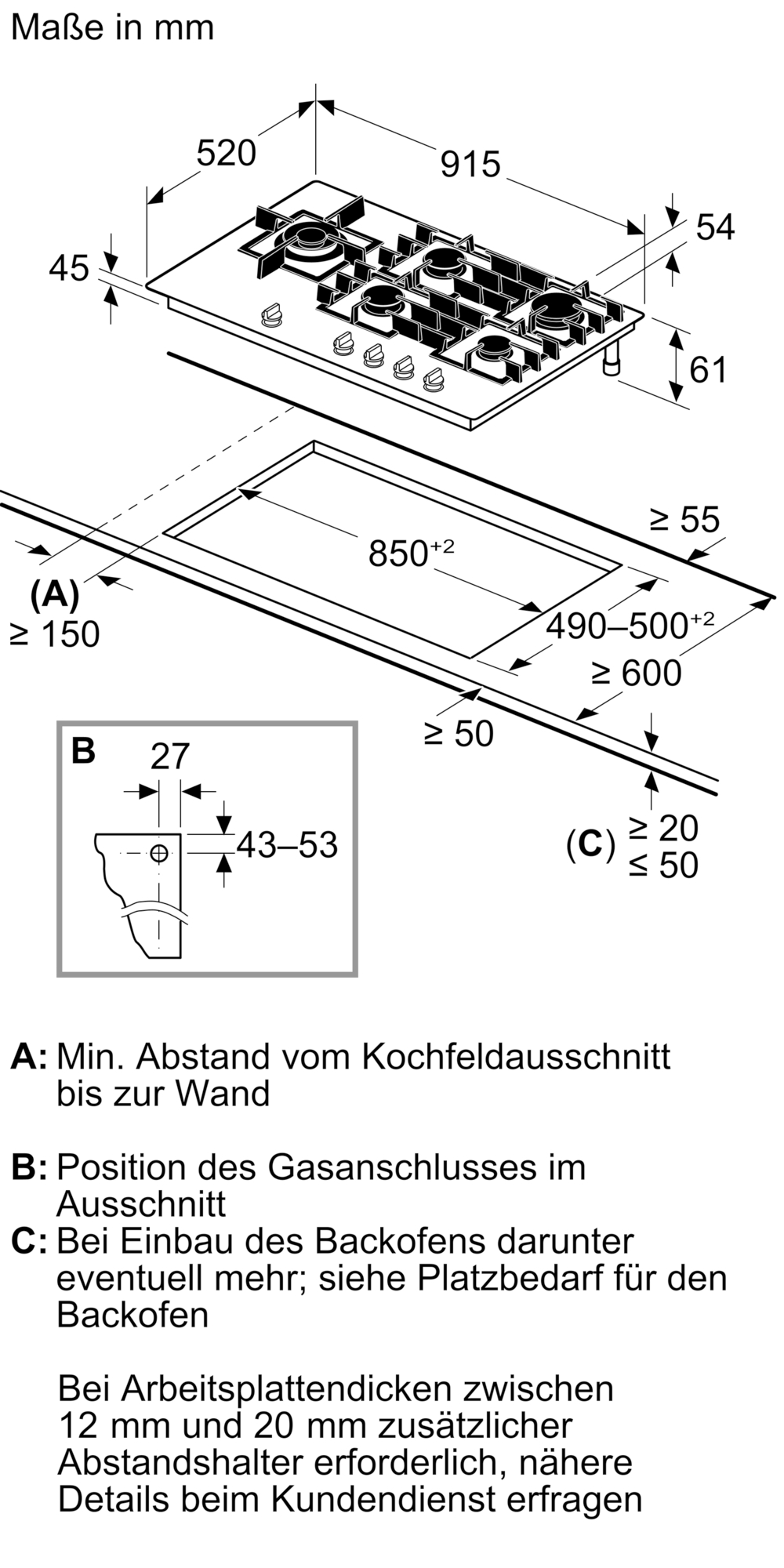Technische Zeichnung eines Gaskochfelds mit Maßen und Einbauhinweisen.