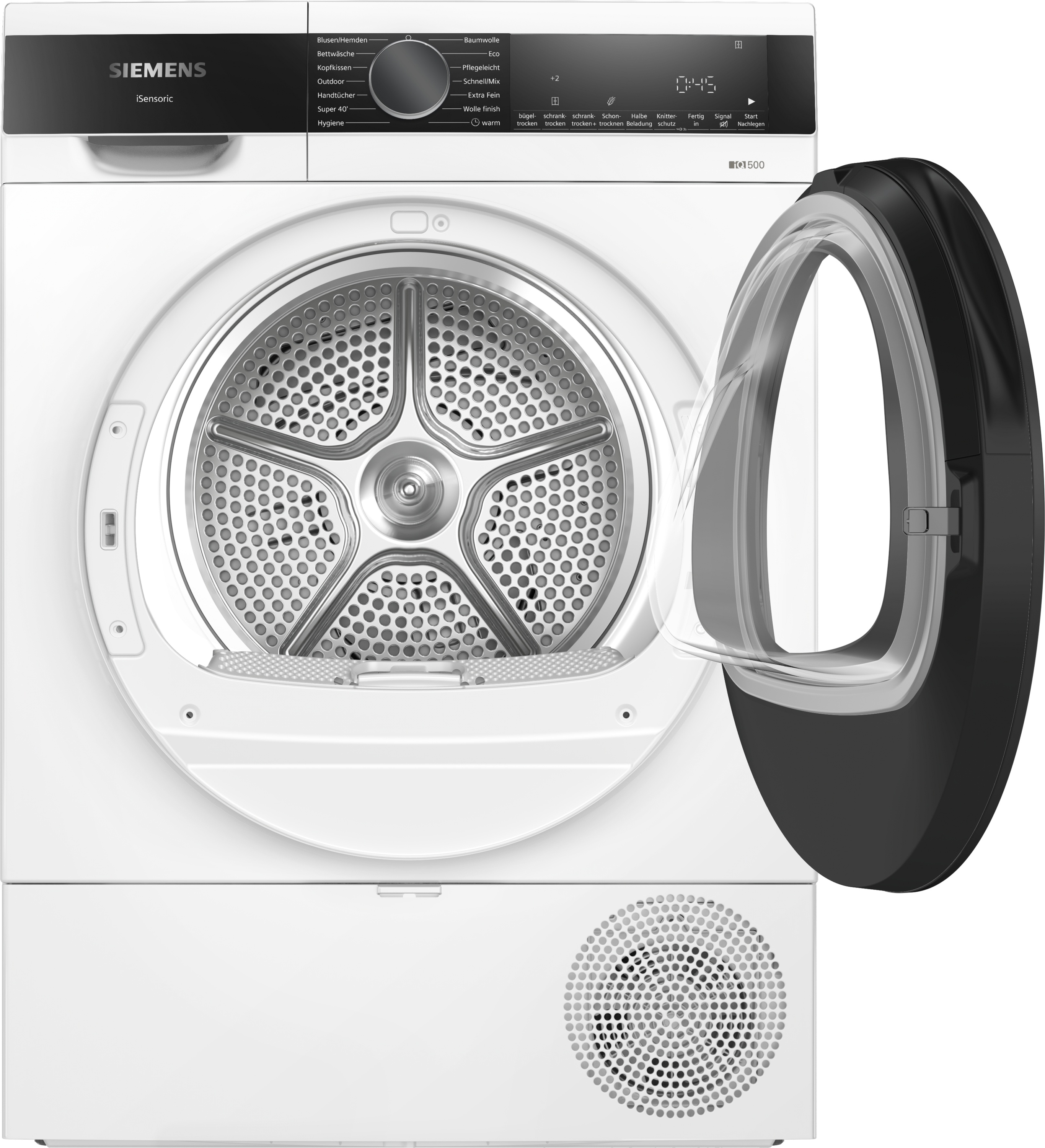 Ein weißer Siemens Wäschetrockner mit offener Tür und digitalem Display.