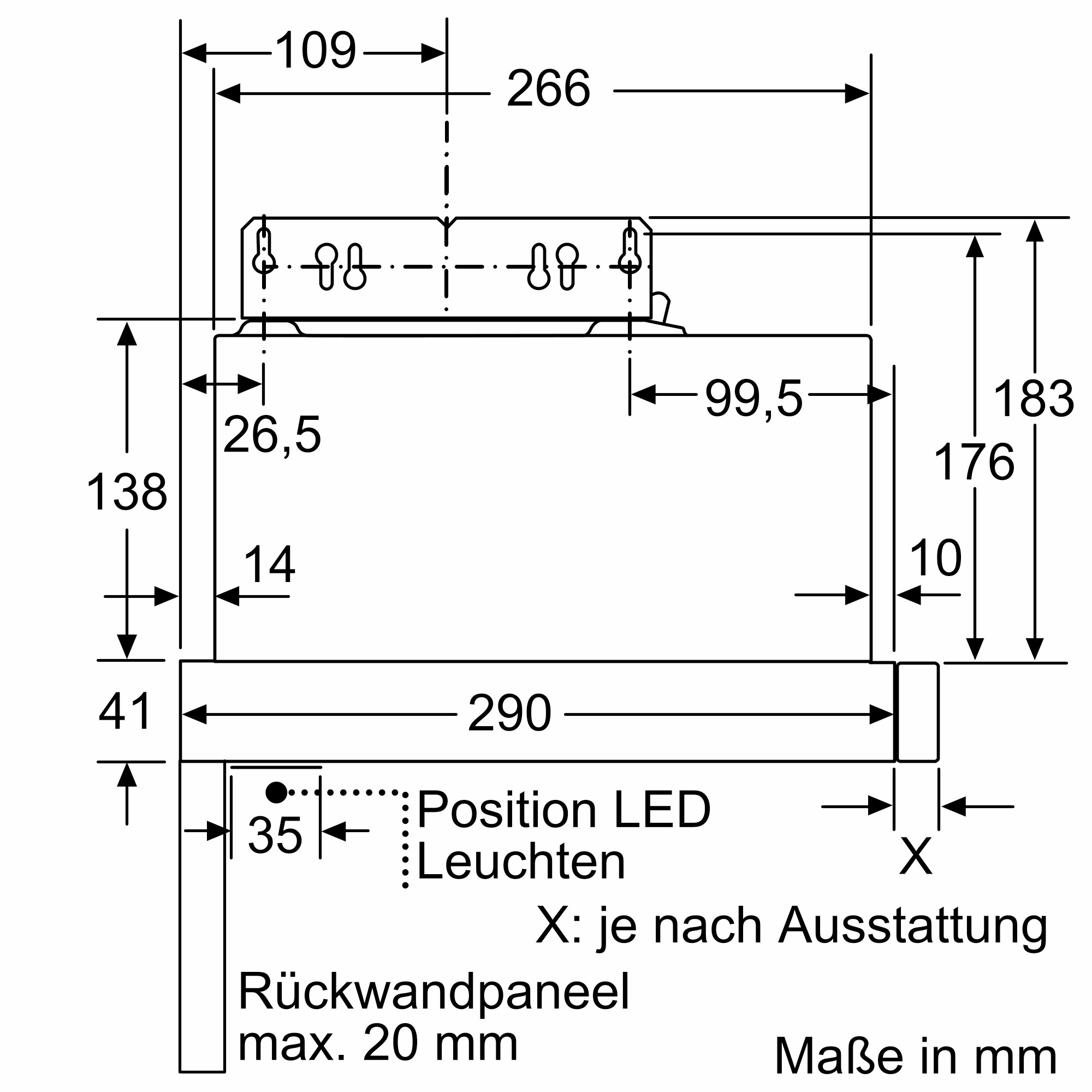Technische Zeichnung mit Maßen für ein Gerät. Zeigt Montage-Details und Maße in mm.