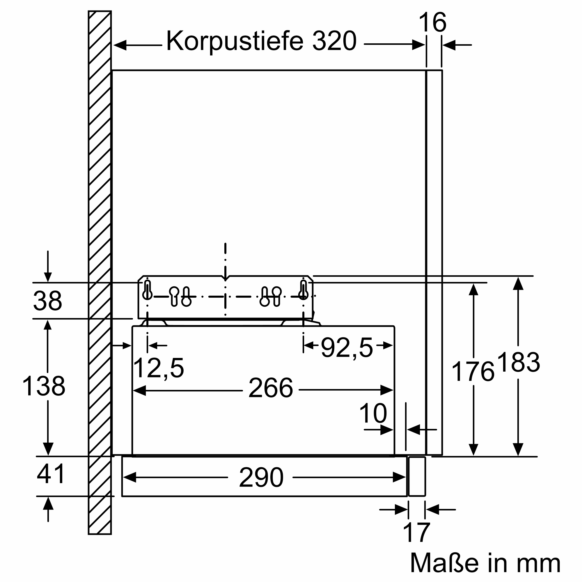 Technische Zeichnung mit Maßen in mm, zeigt Korpus Tiefe 320.