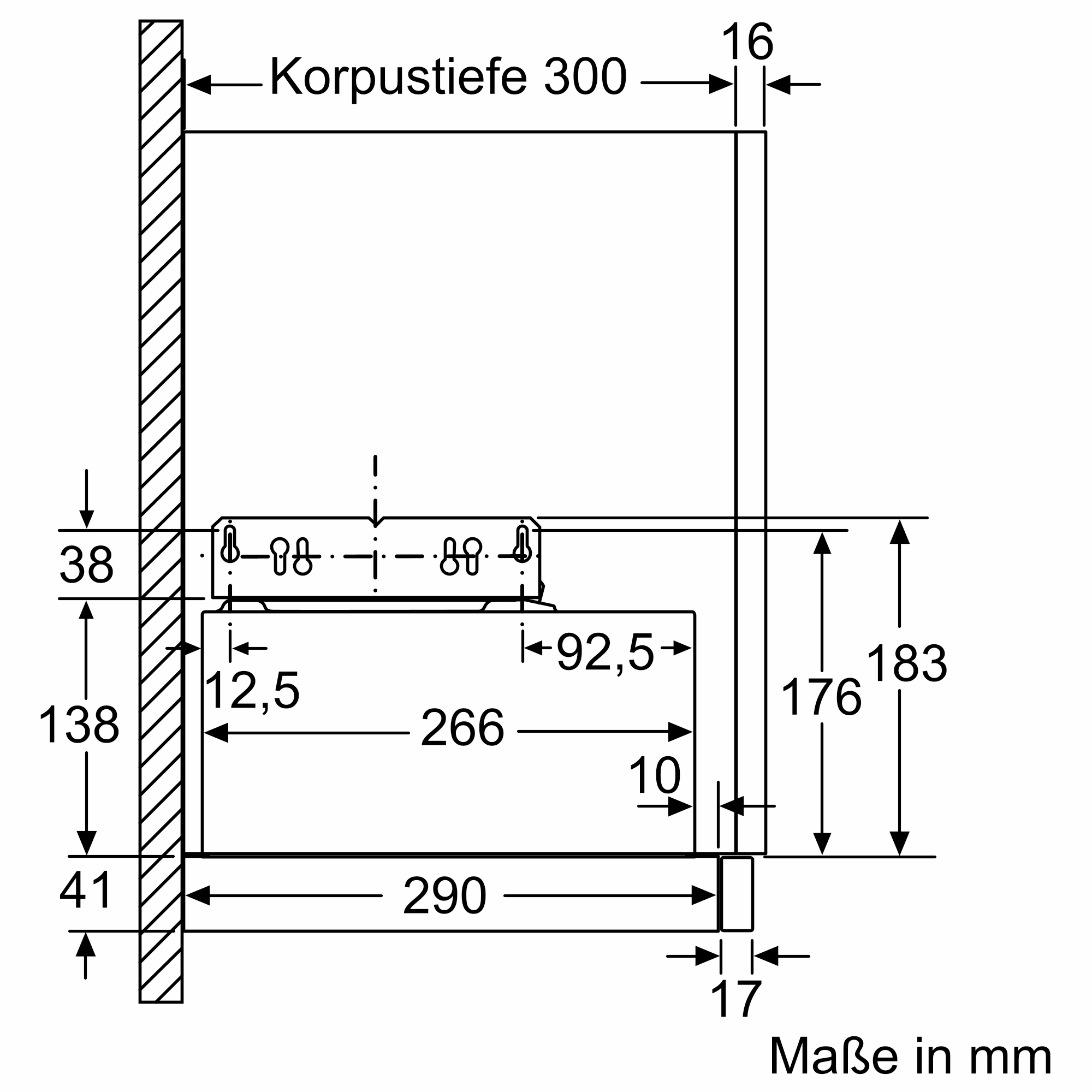 Technische Zeichnung mit Maßen in mm. Korpus Tiefe 300.