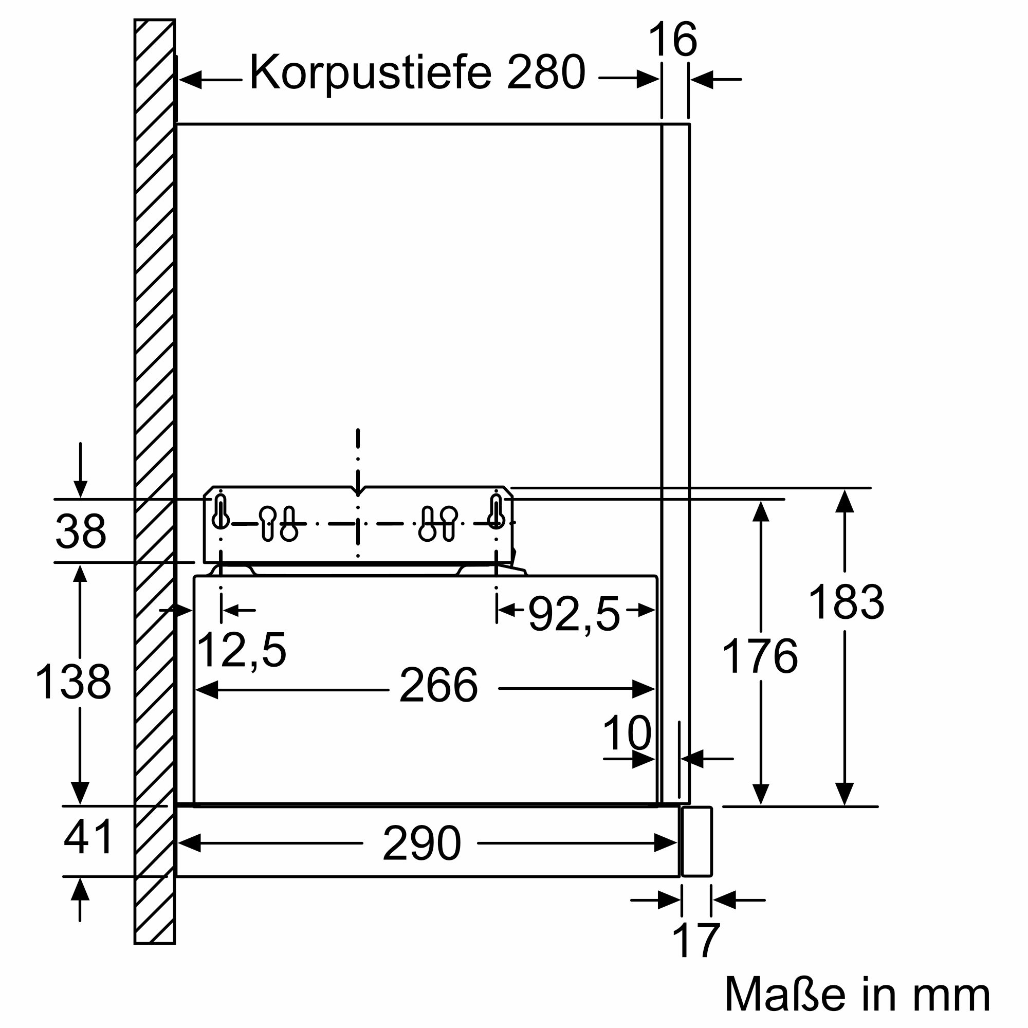 Technische Zeichnung mit Maßen in mm für Korpus und Einbauteile.