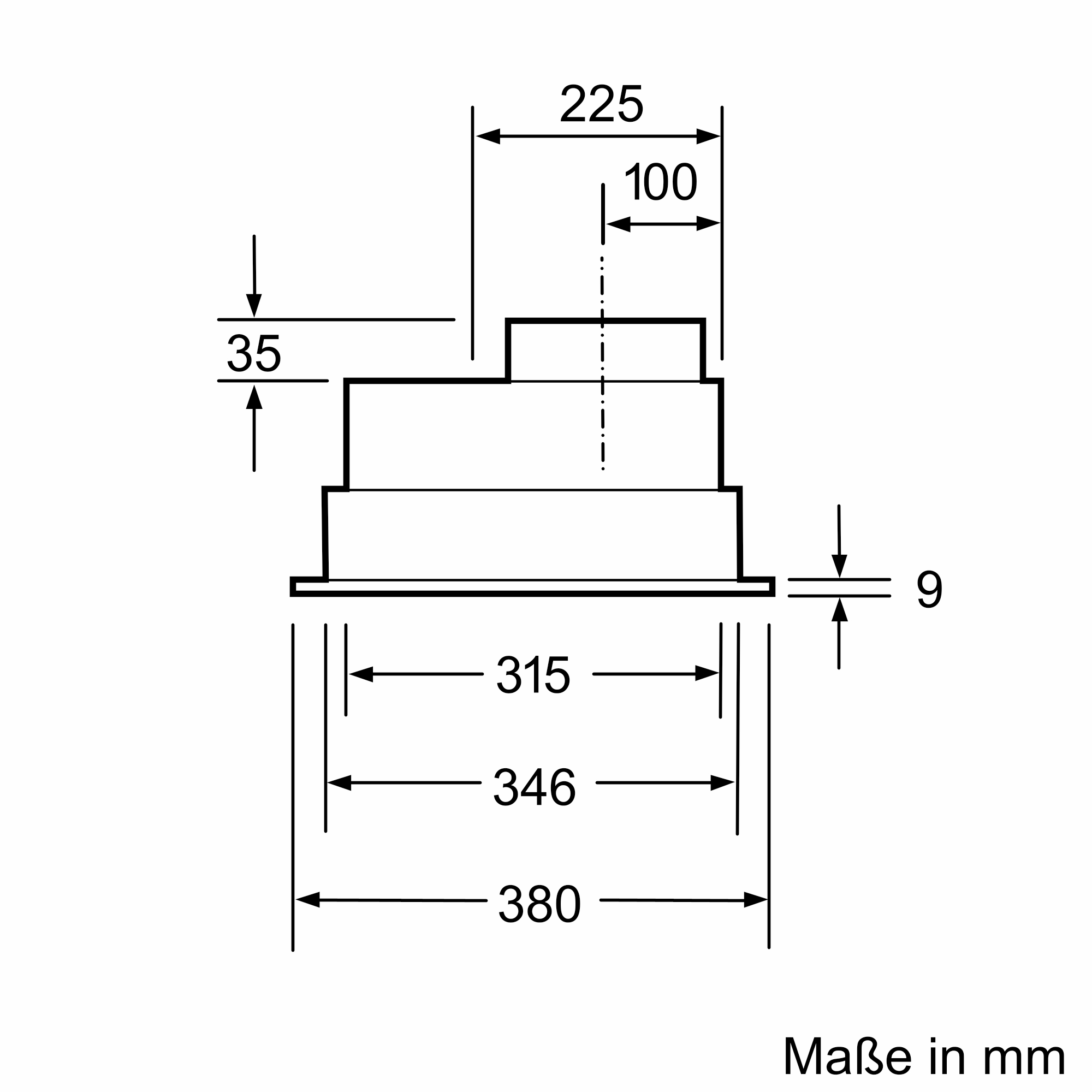Technische Zeichnung mit Maßen in mm. Mehrere Stufen und Pfeile zeigen Abmessungen.