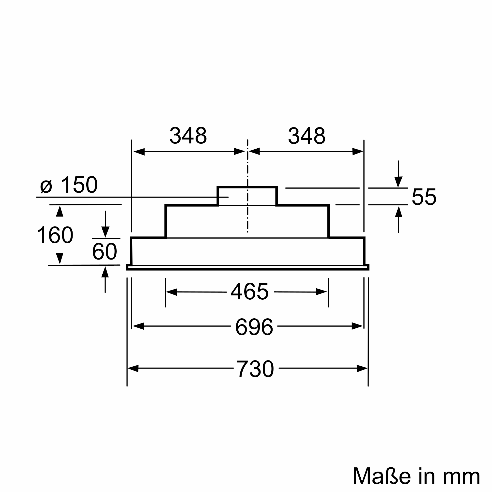 Technische Zeichnung mit Maßen: Ø 150mm, Längen 60, 160, 55, 348, 465, 696, 730mm.