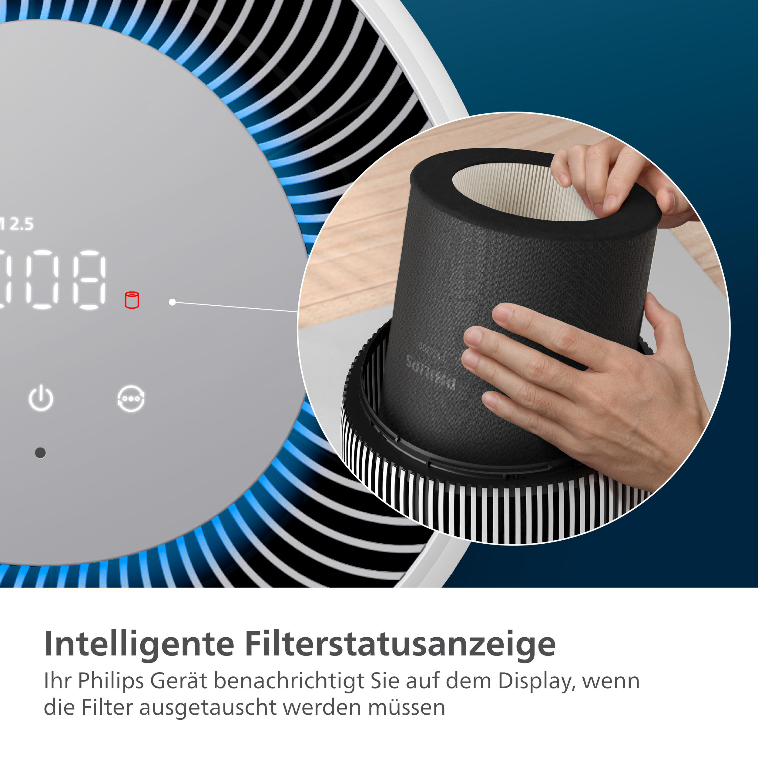 Eine Hand setzt einen schwarzen Filter in ein Gerät ein. Blaue Lichter leuchten.