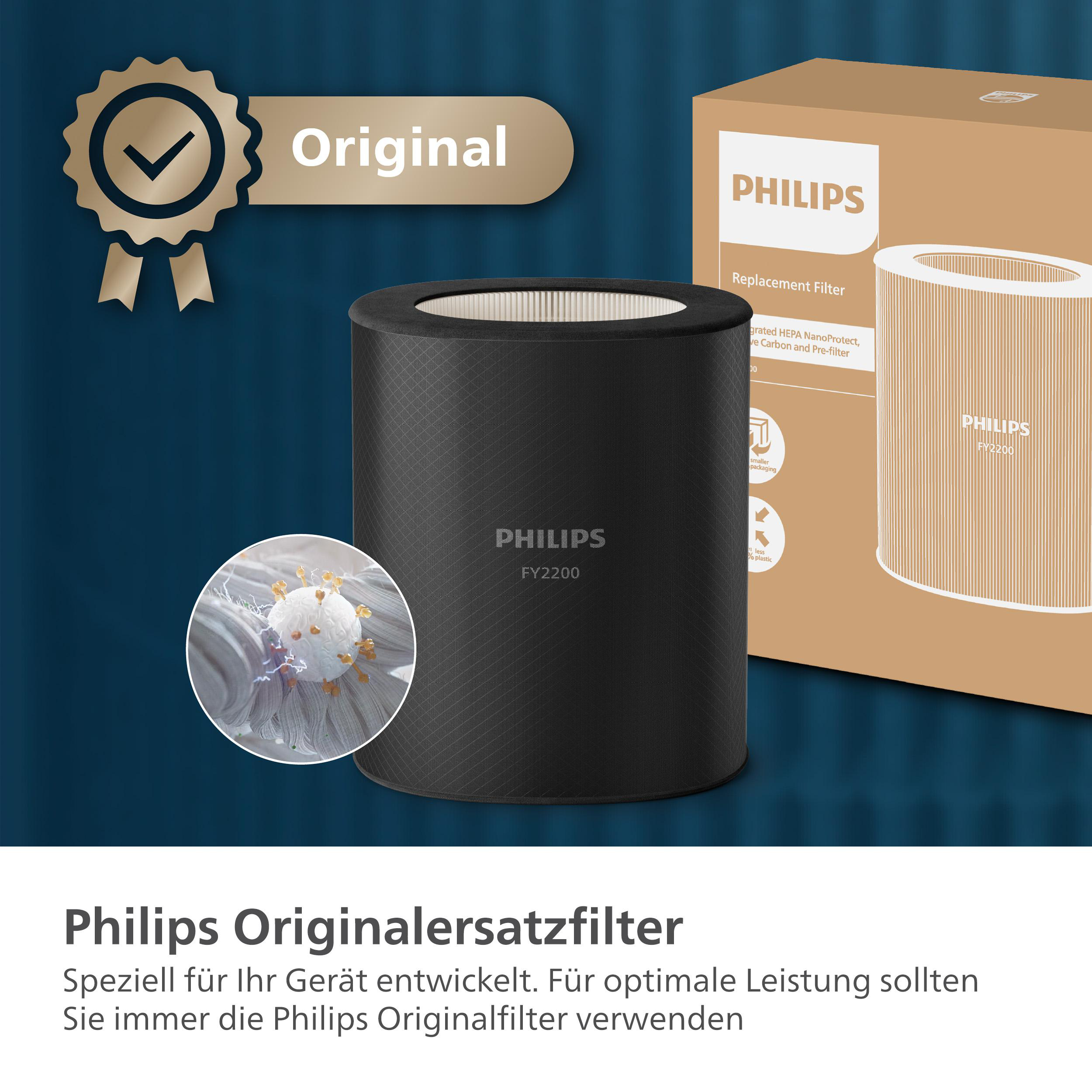 Ein schwarzer Philips FY2200 Luftfilter steht neben einer Verpackung.