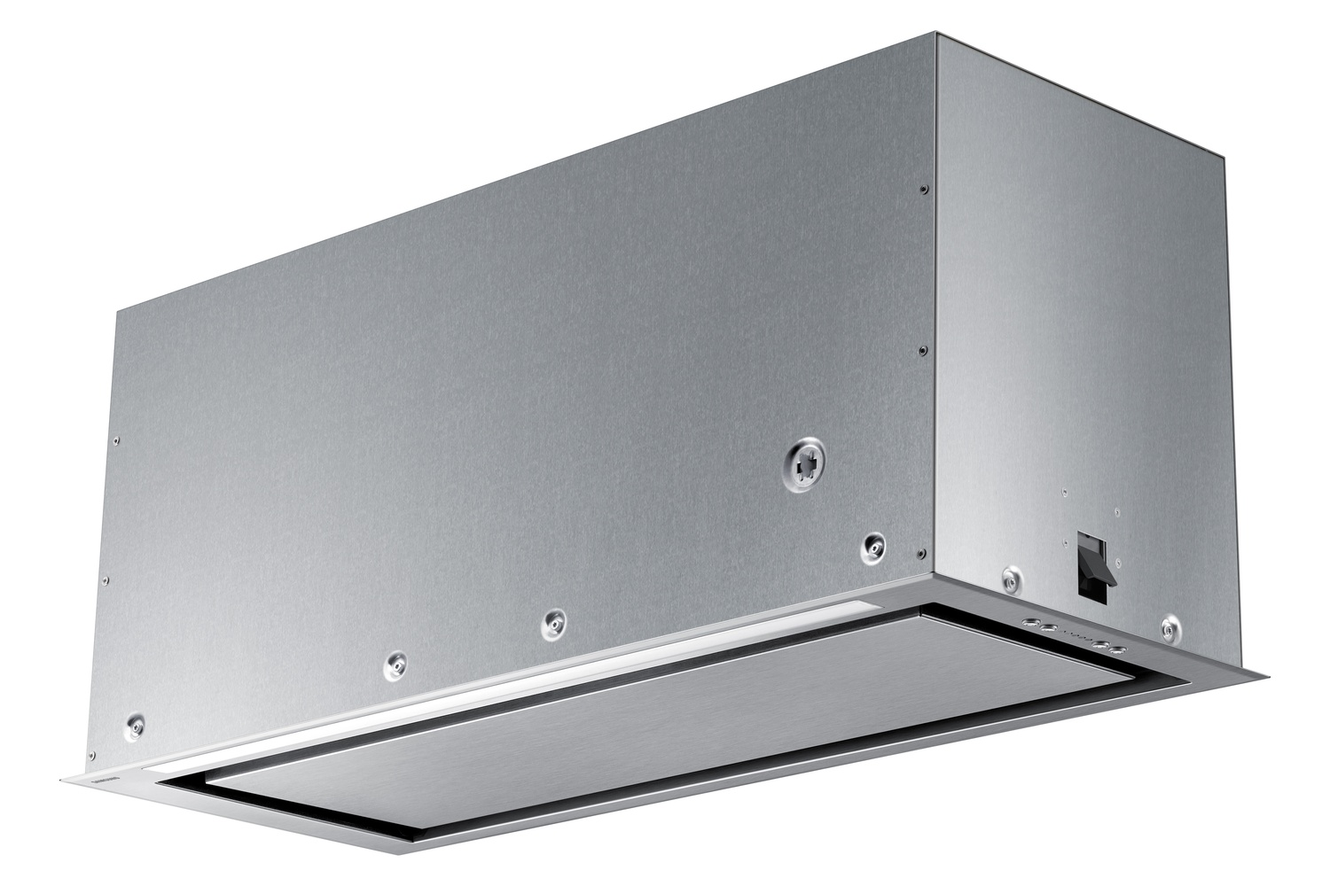Una campana extractora de metal plateada con luces e interruptores.