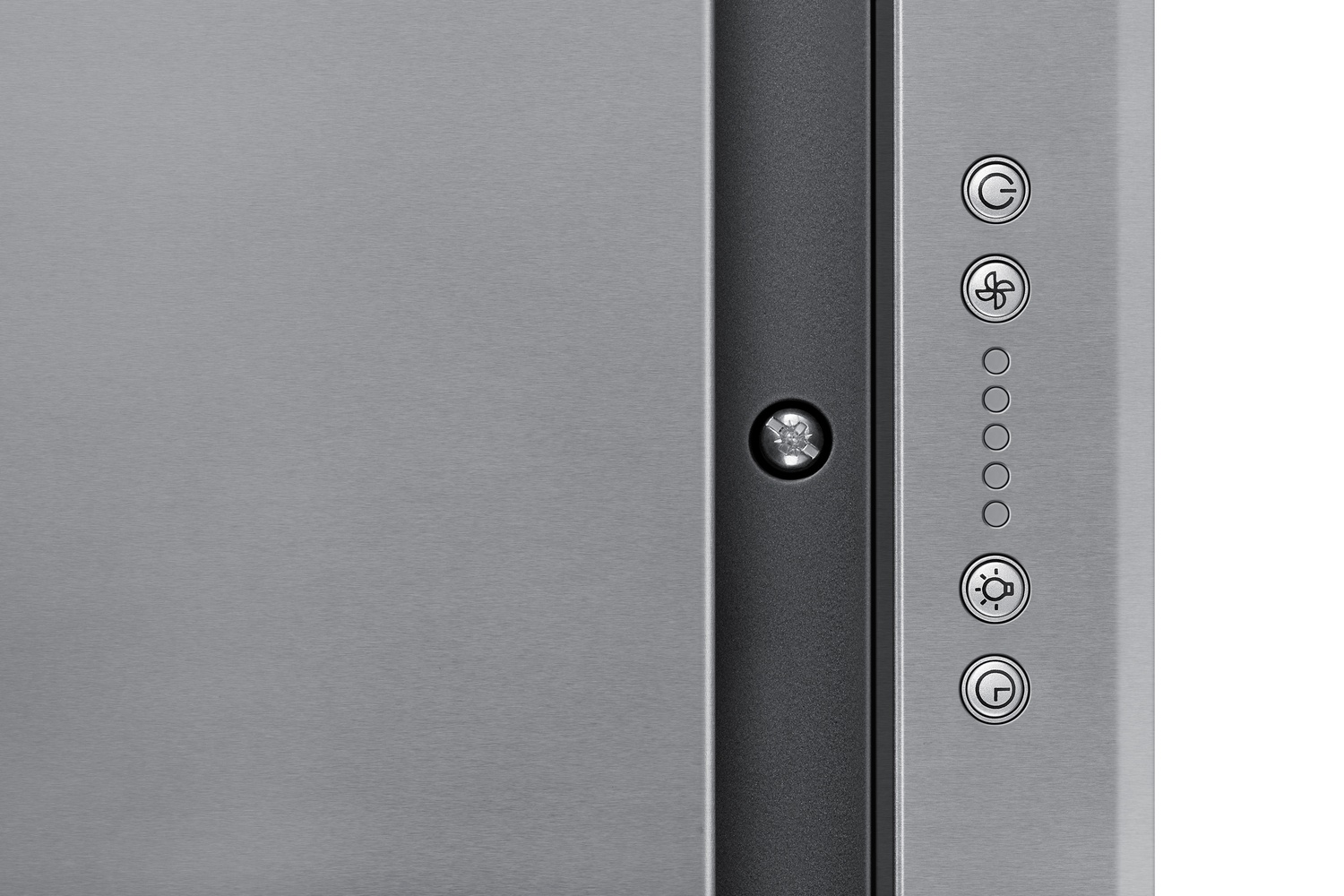 Primer plano de un panel de control plateado con iconos de encendido y ventilador.