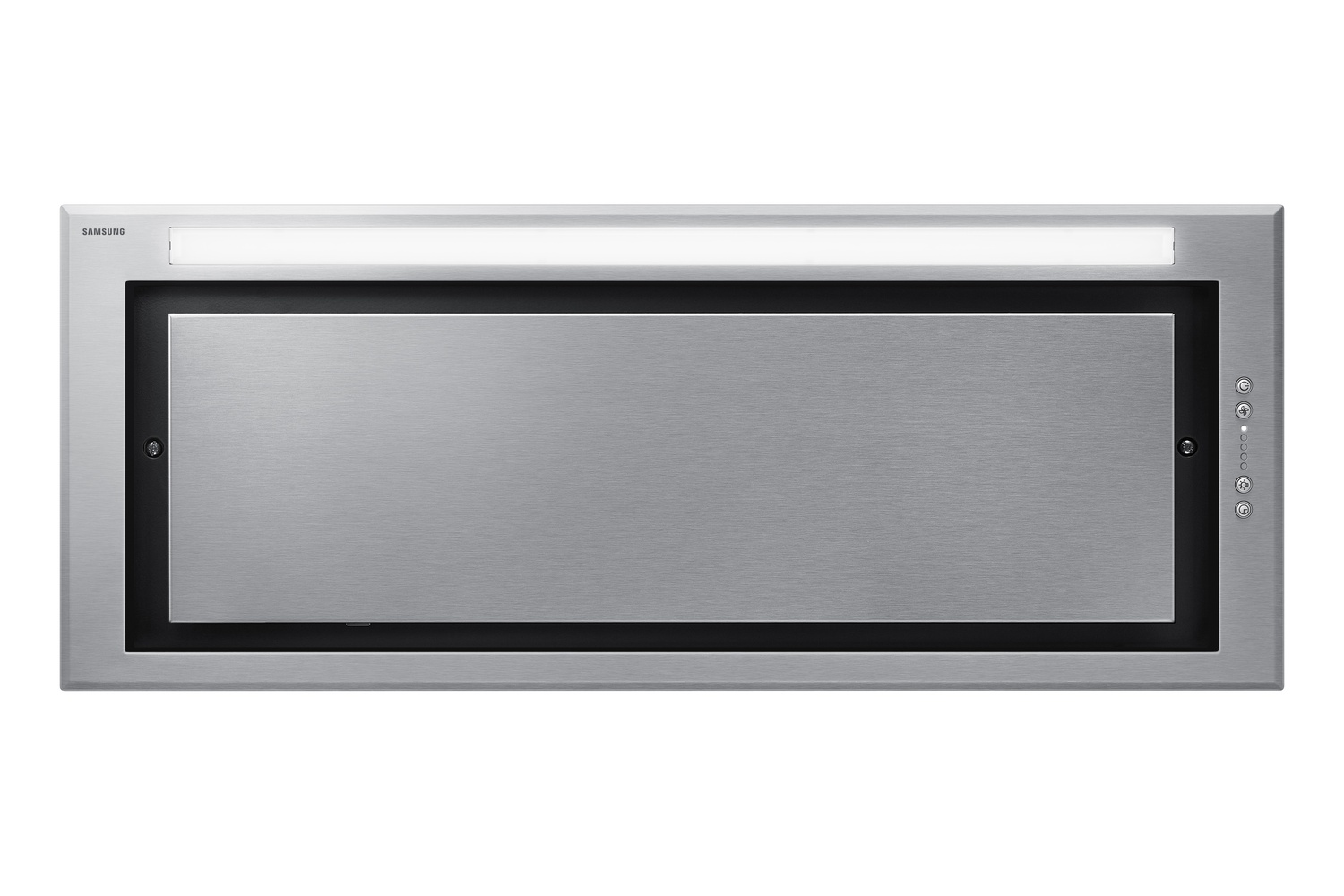 Campana extractora de acero inoxidable con luz LED y panel de control.