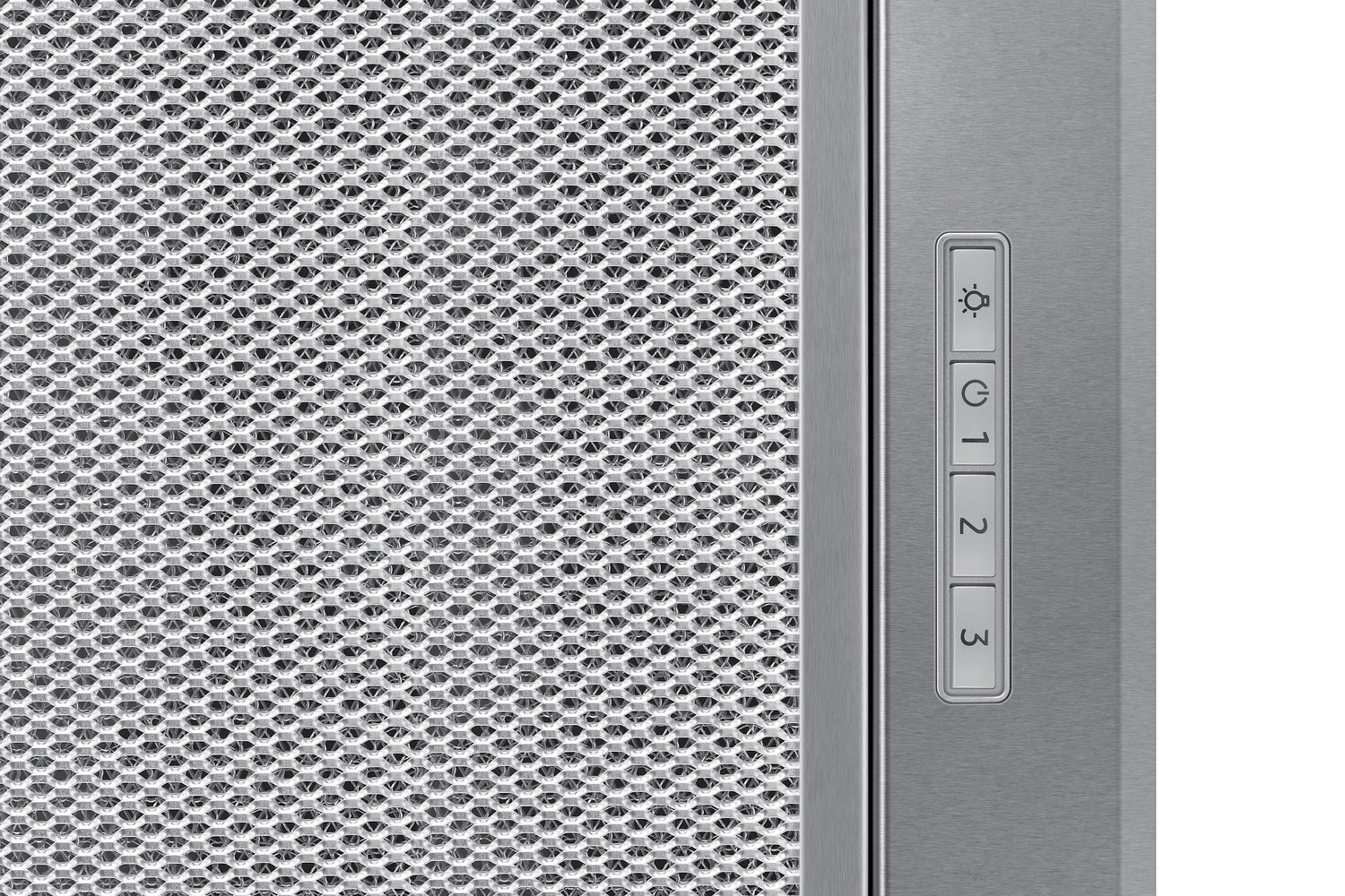 Malla metálica con panel de control: botones de luz, encendido/apagado y velocidad (1, 2, 3).