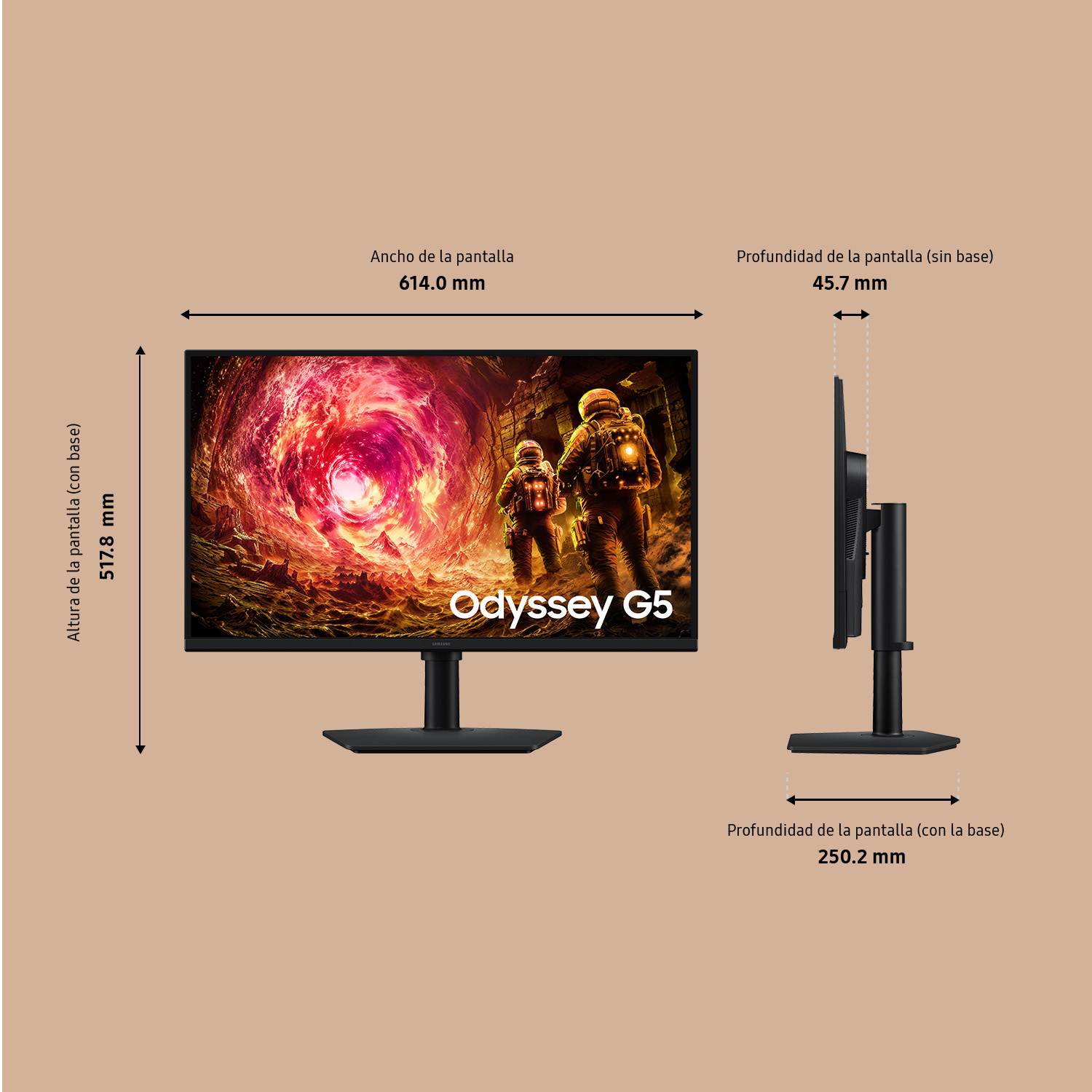 Monitor Samsung Odyssey G5 con especificaciones. Vista frontal muestra imagen del juego.