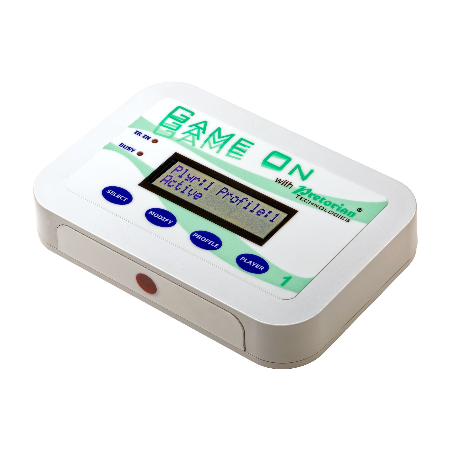 Dispositivo bianco con schermo e pulsanti per un gioco chiamato Game On.