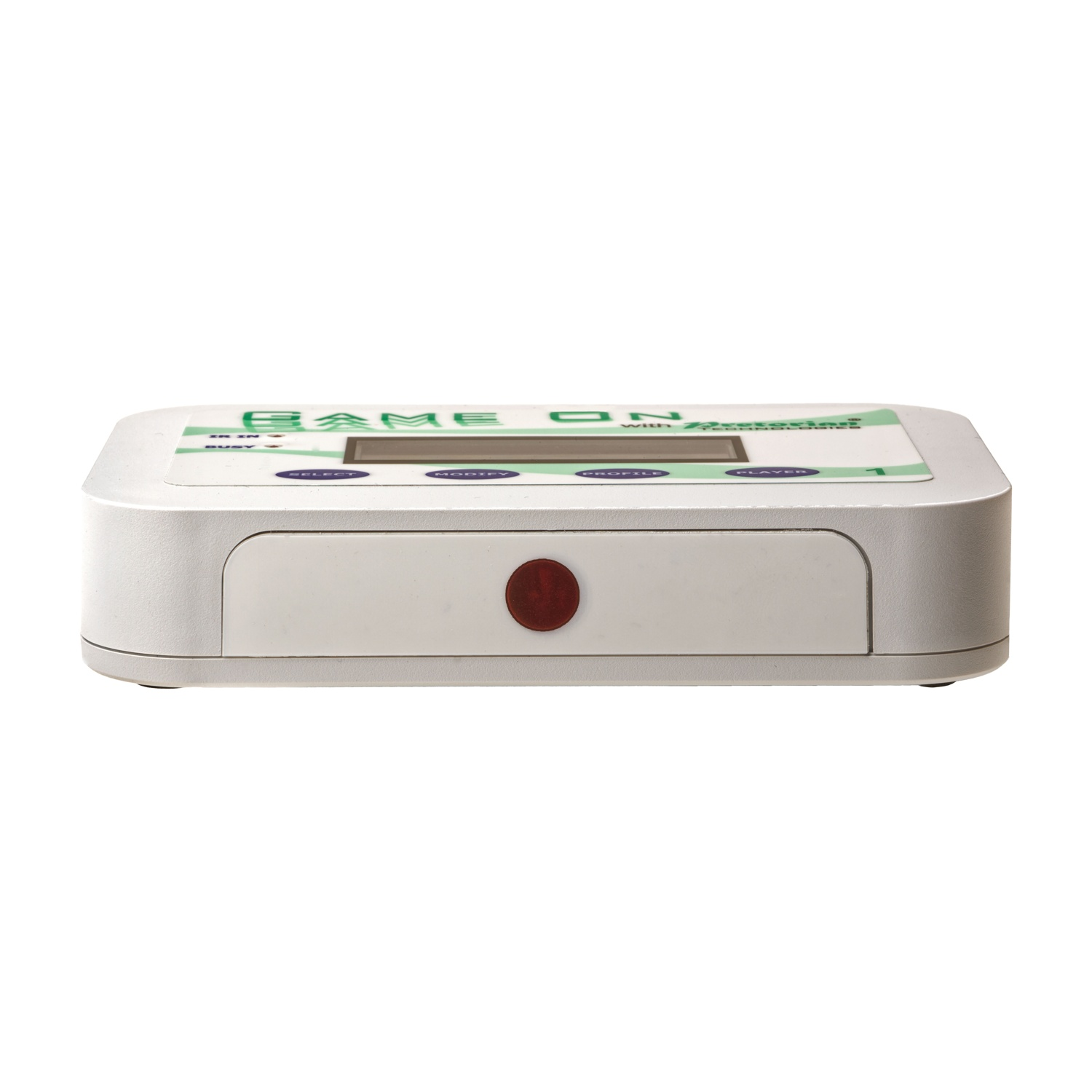 Un dispositivo elettronico bianco con pulsanti e schermo. Etichetta: GAME ON.