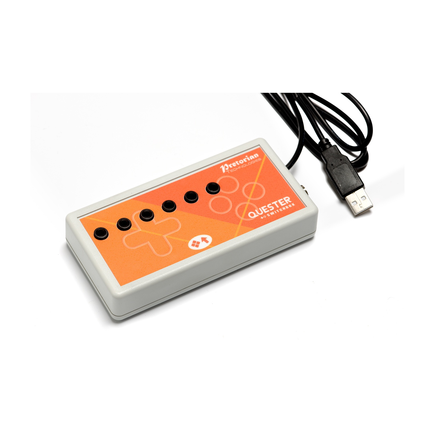 Un dispositivo USB grigio con stampa arancione e pulsanti. Un cavo nero è collegato.