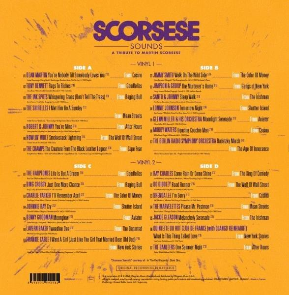 Cover für "Scorsese Sounds", eine Hommage an Martin Scorsese mit Songtiteln auf vier Vinyl-Seiten.