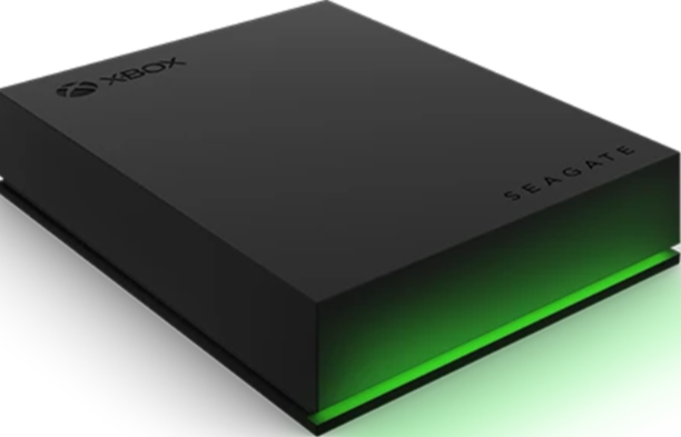 Schwarze Xbox Seagate externe Festplatte mit grüner Beleuchtung.