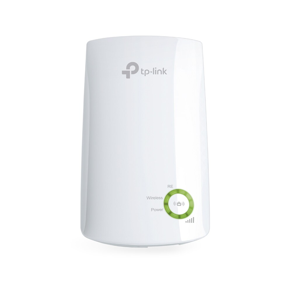 Un extensor WiFi TP-Link blanco con círculo verde, iconos de energía e inalámbricos.