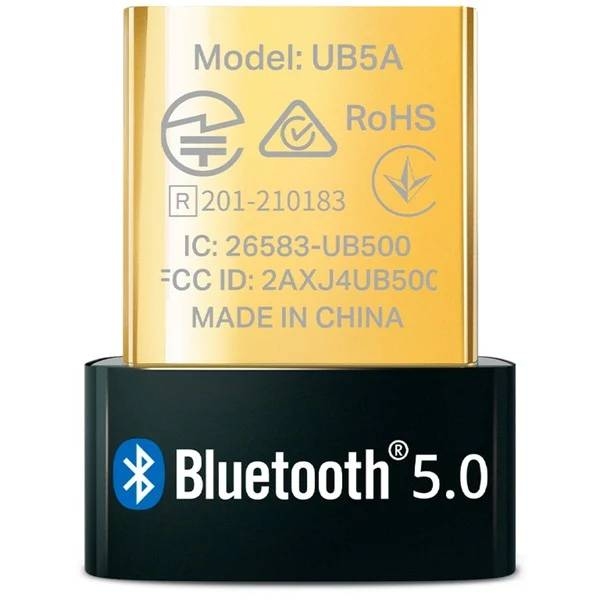 Adaptador USB dorado con logo Bluetooth 5.0. Modelo UB5A. FCC ID 2AXJ4UB50C. Hecho en China.
