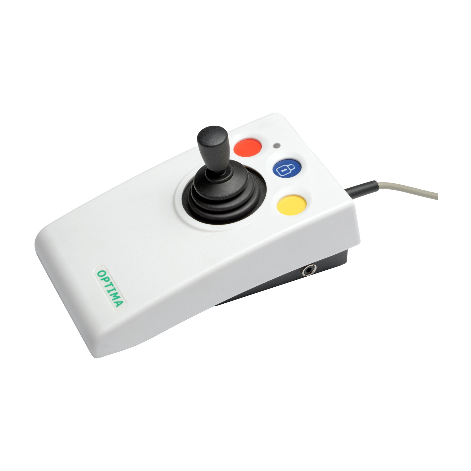 Un controller joystick bianco con pulsanti neri e colorati.