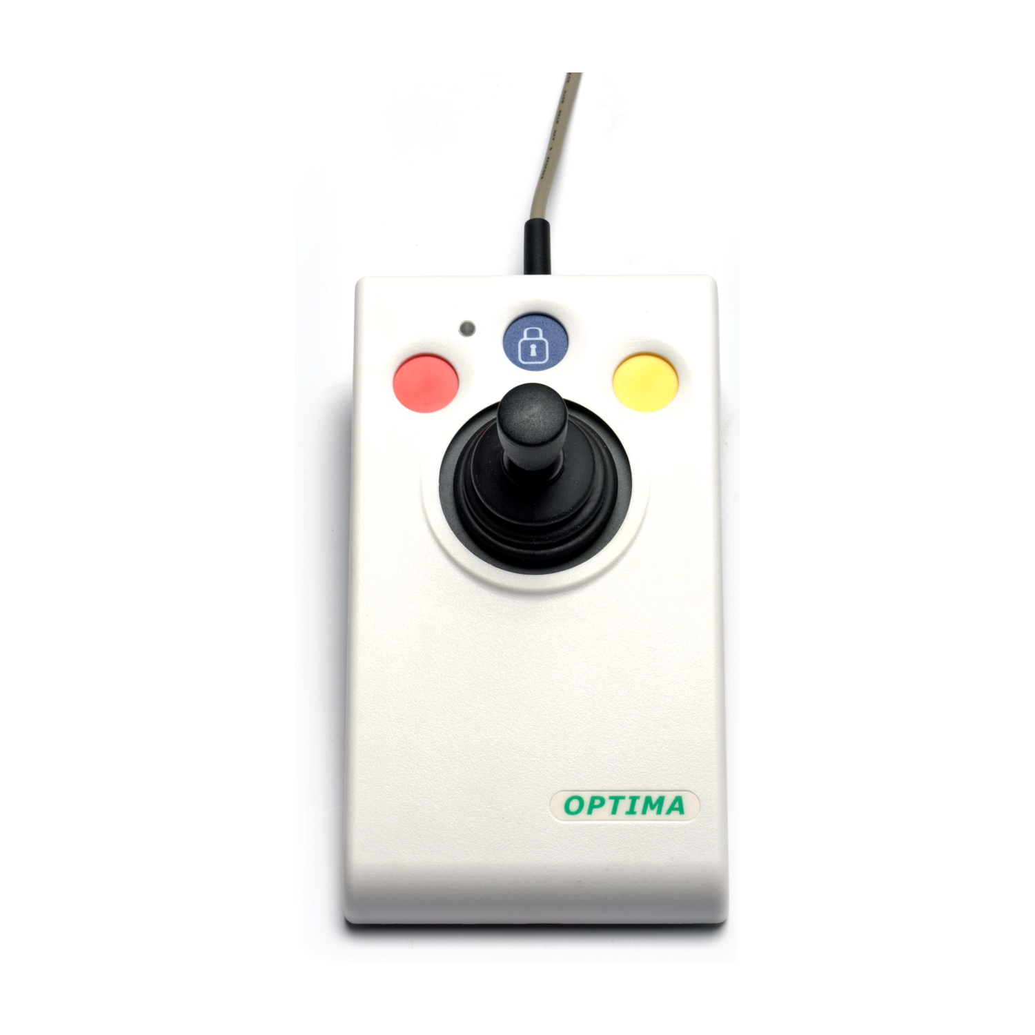 Un joystick bianco con pulsanti rossi, blu e gialli e un'icona di lucchetto.