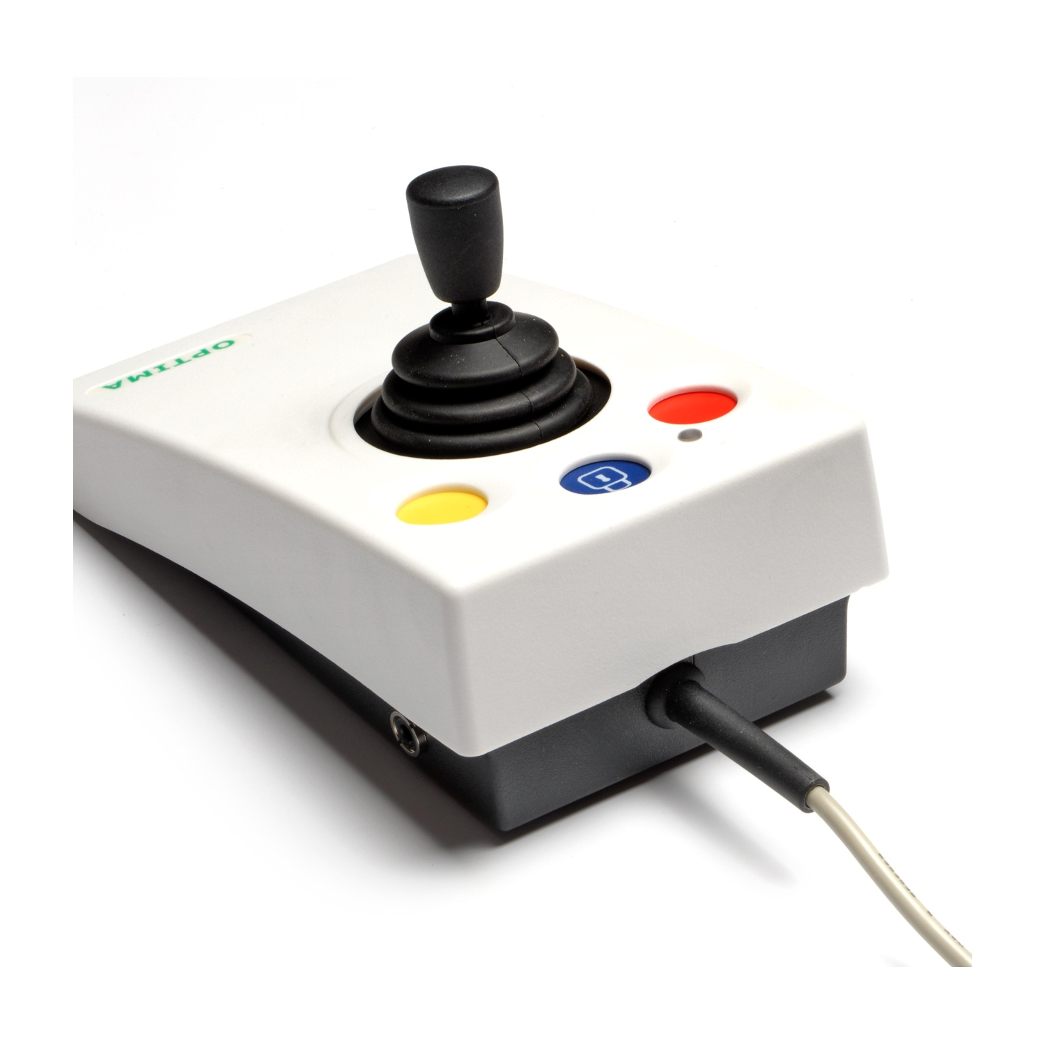 Un joystick bianco con manico nero e pulsanti colorati.