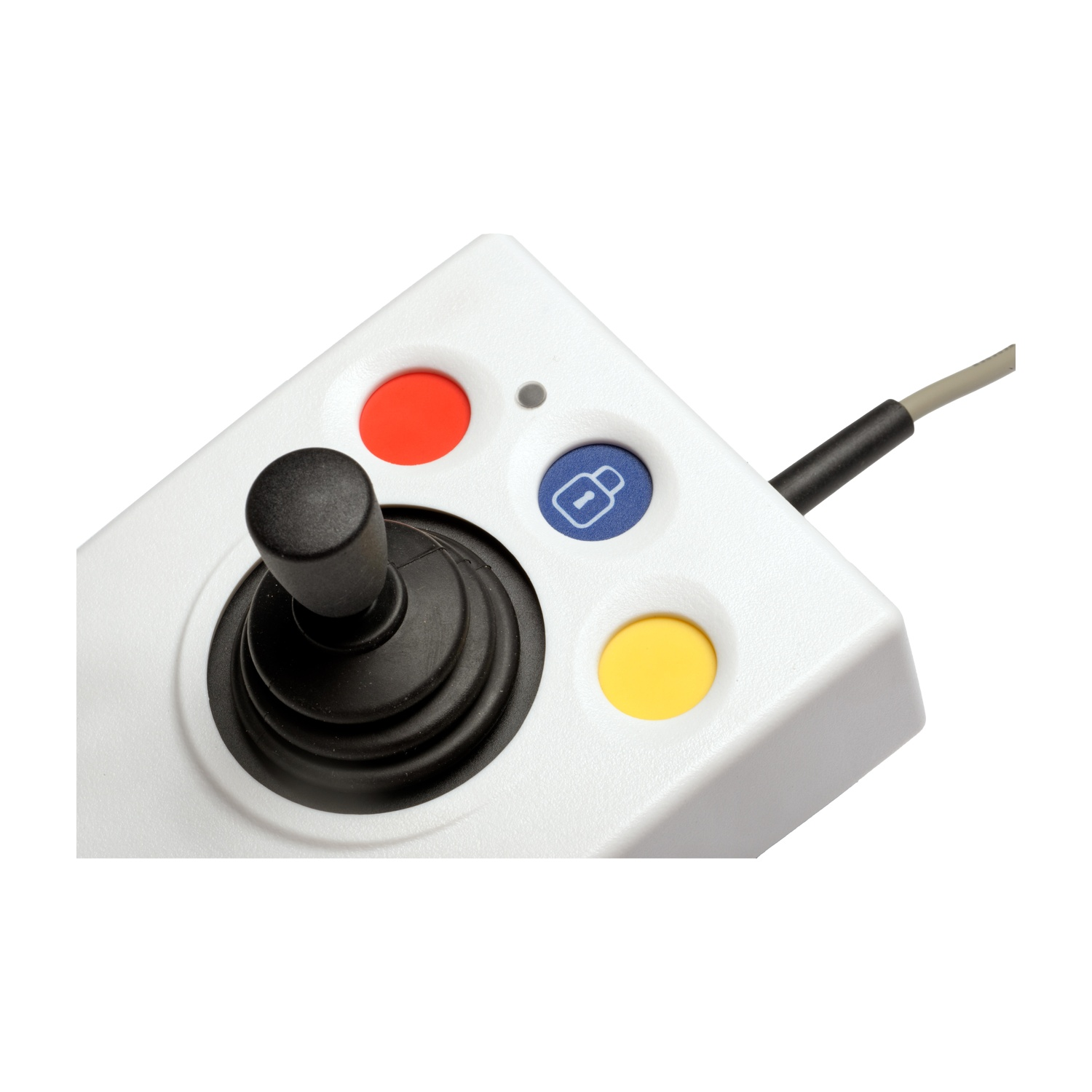 Un joystick bianco con pulsanti rossi, blu e gialli.