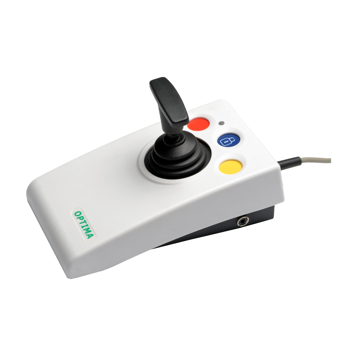Un joystick bianco con manico nero e tre pulsanti: rosso, blu con icona, giallo.