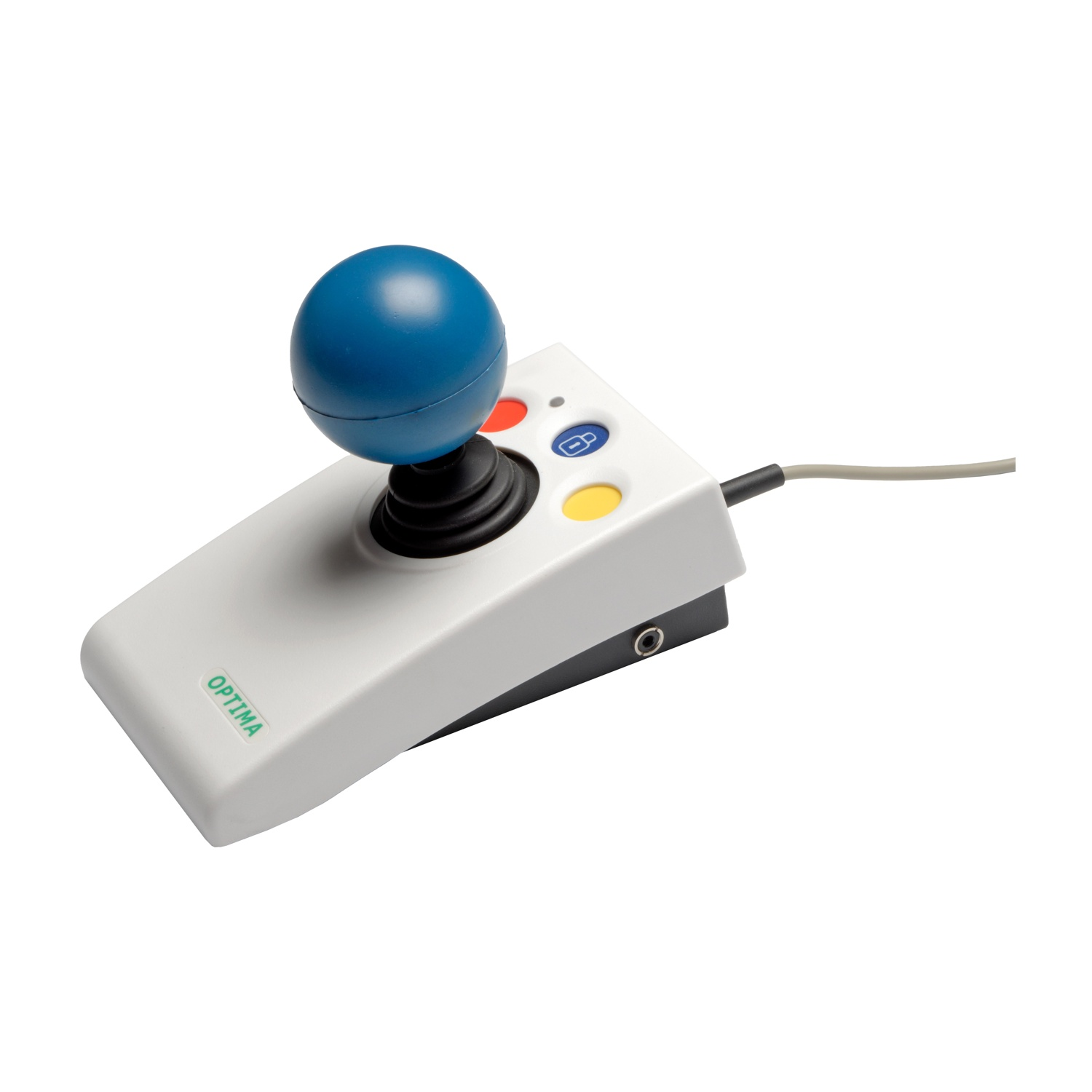 Un joystick bianco con sfera blu e pulsanti rossi/gialli.