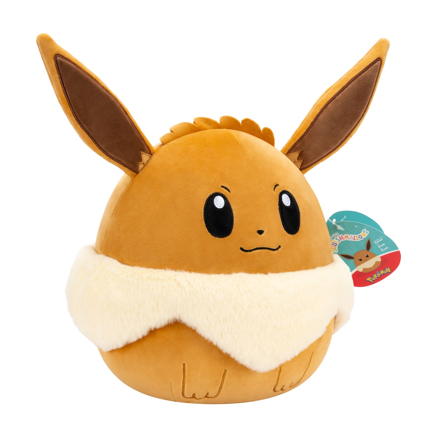 Un peluche marrone di Eevee con colletto bianco e orecchie marroni.