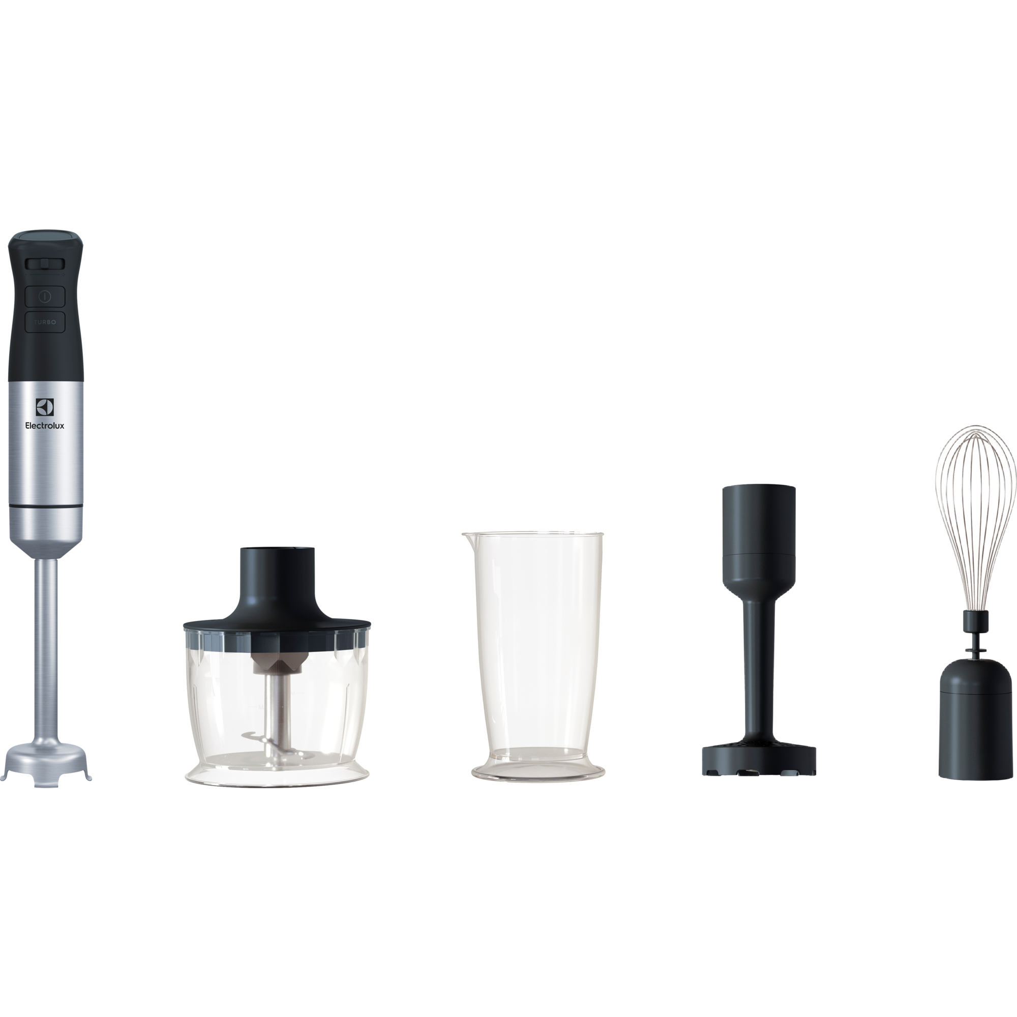 Srebrny blender ręczny z akcesoriami: siekacz, miarka, trzepaczka, tłuczek.