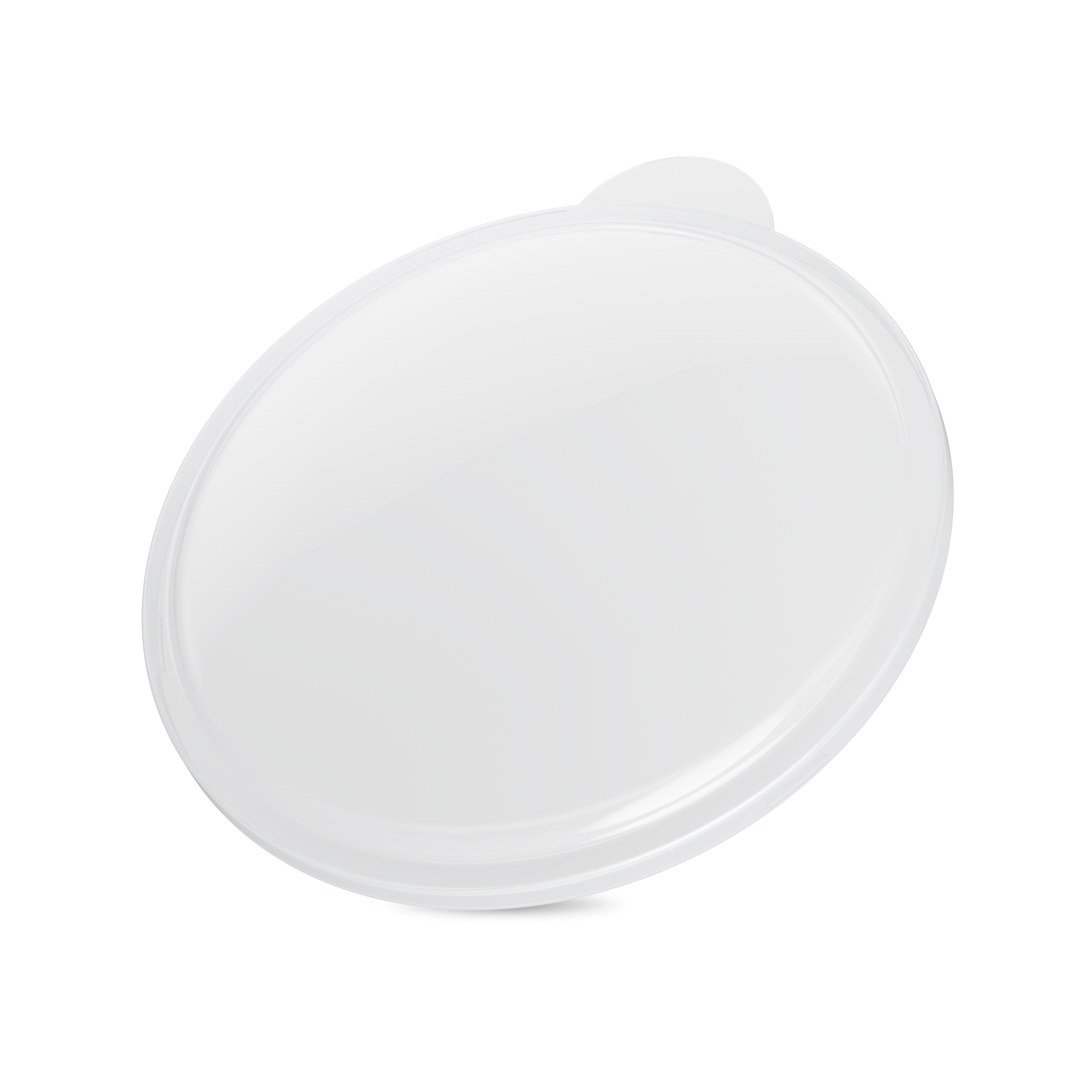 Biała, owalna plastikowa pokrywka z małą zakładką na jednym końcu.