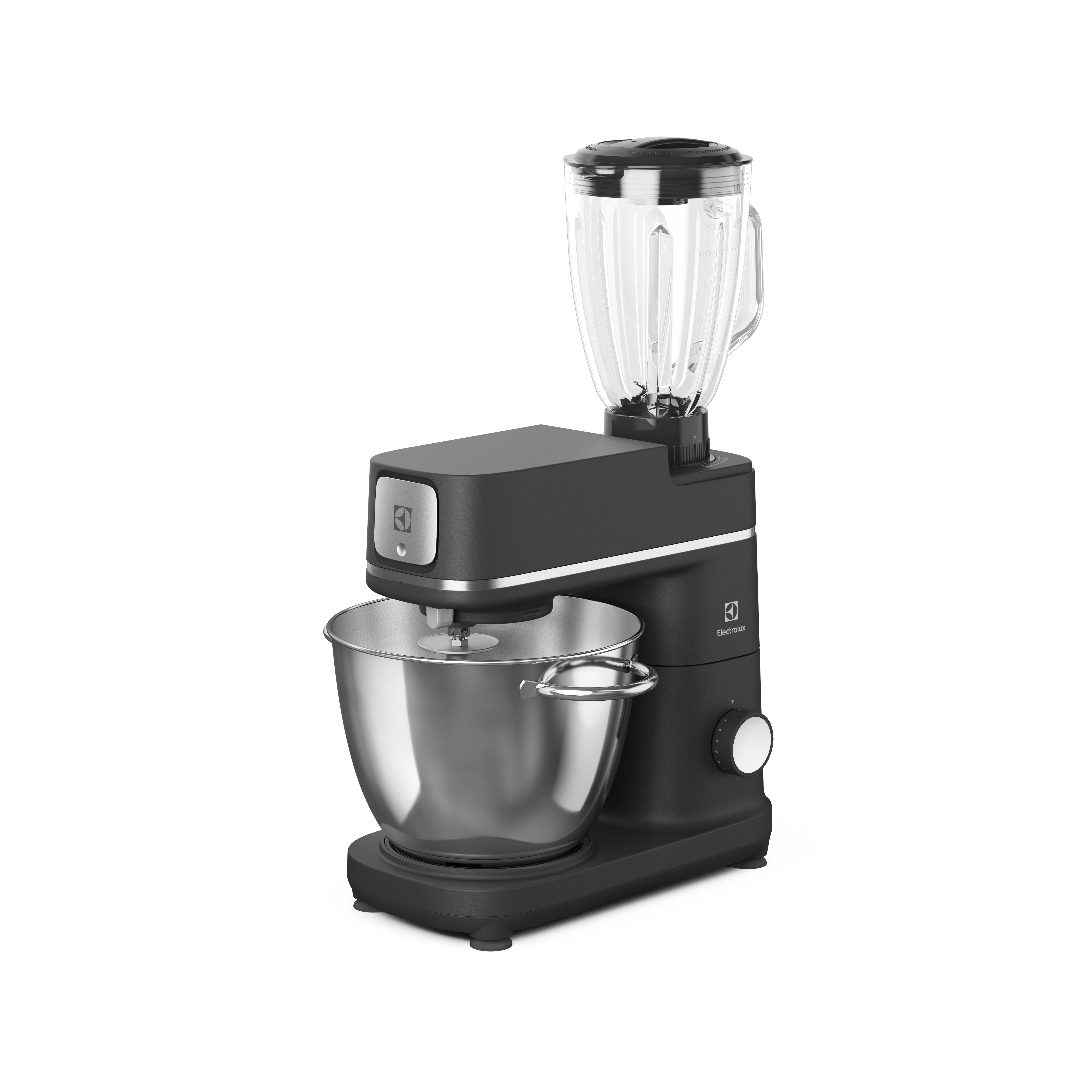 Czarny robot kuchenny z misą ze stali nierdzewnej i blenderem szklanym.