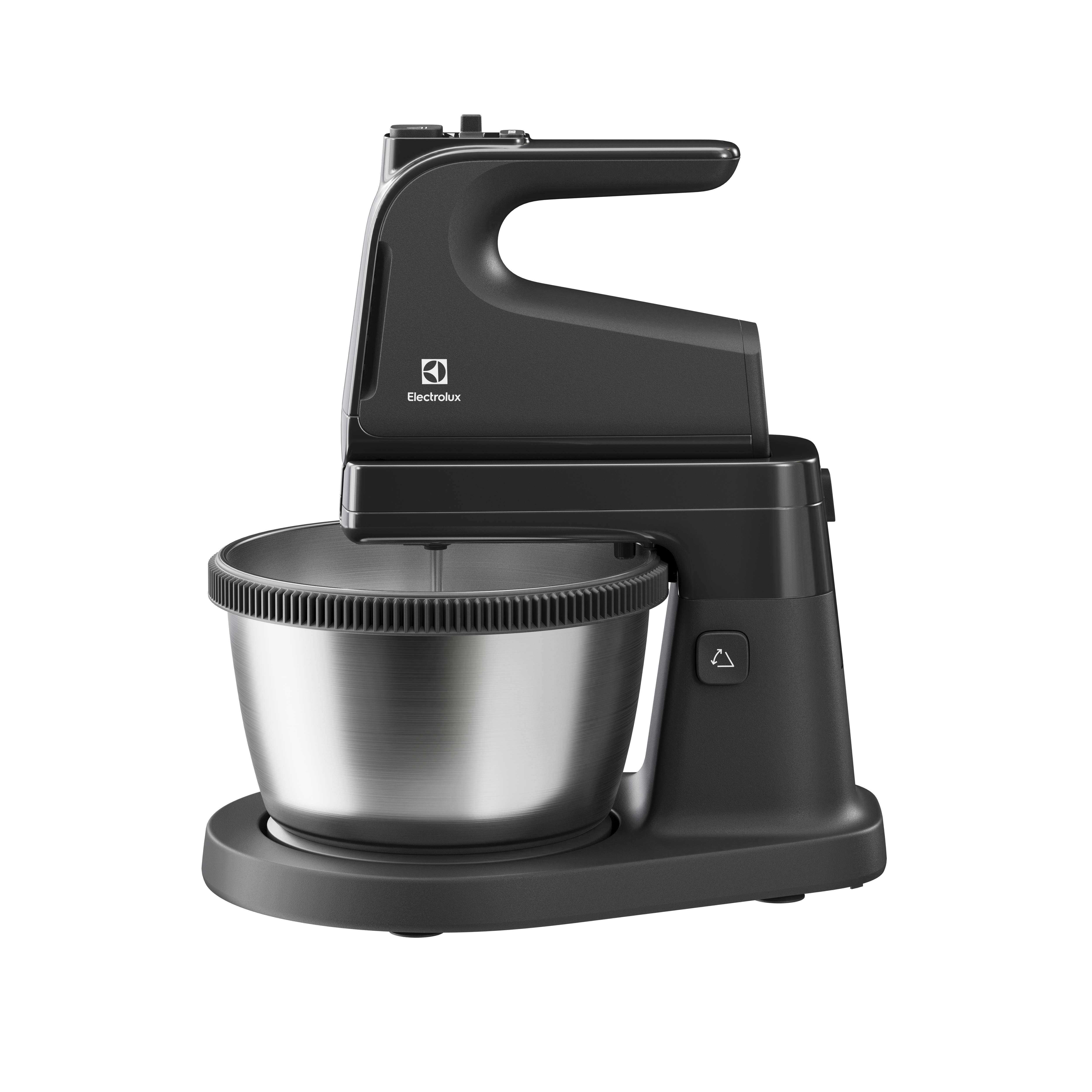Czarny mikser ręczny z misą ze stali nierdzewnej i logo Electrolux.