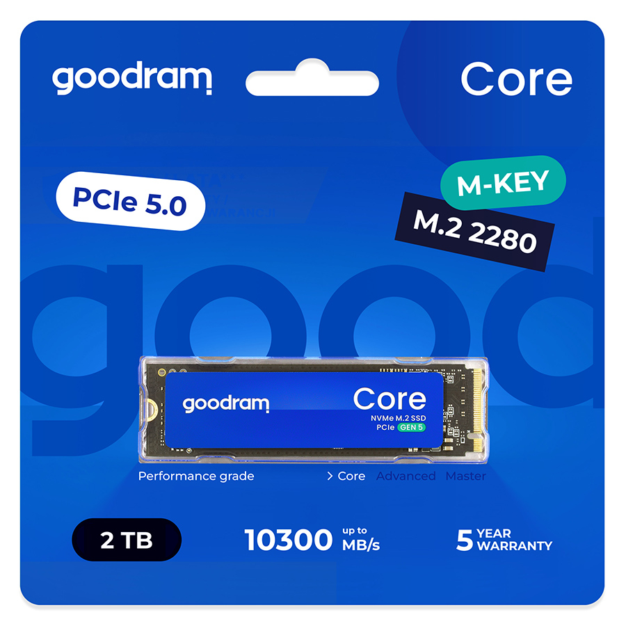 Dysk SSD Goodram Core, PCIe 5.0, M.2 2280, 2 TB, 10300 MB/s, 5 lat gwarancji.