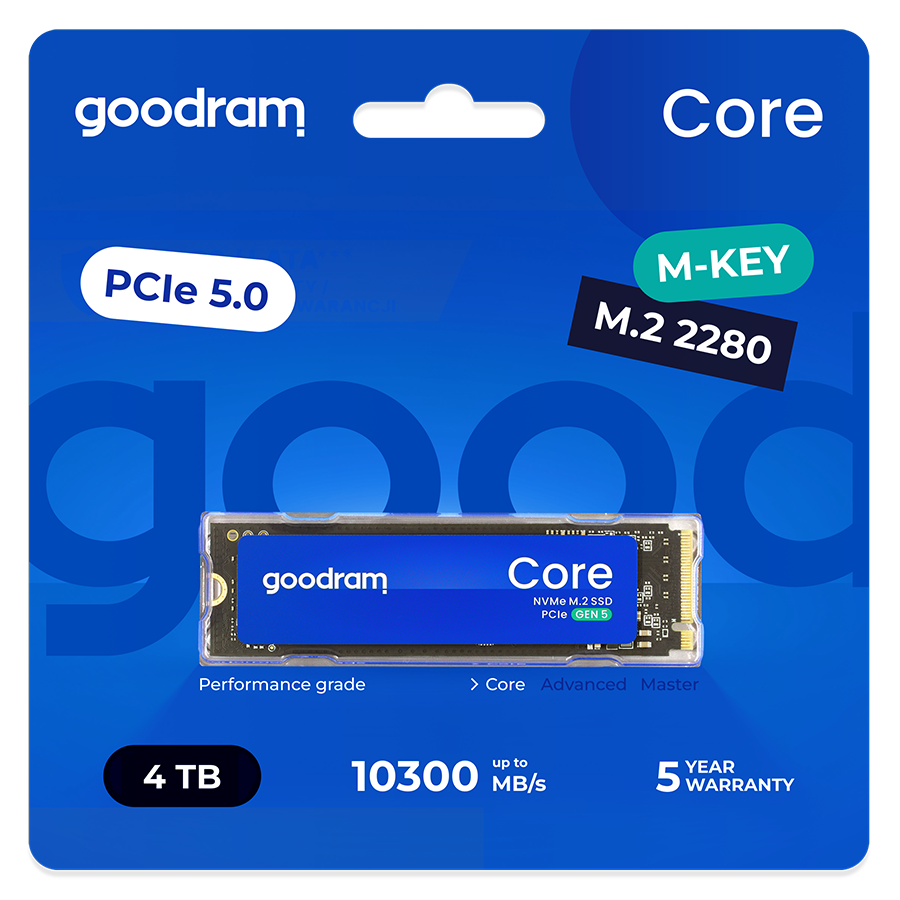Dysk SSD Goodram 4 TB, PCIe 5.0, M.2 2280, 10300 MB/s, 5 lat gwarancji.