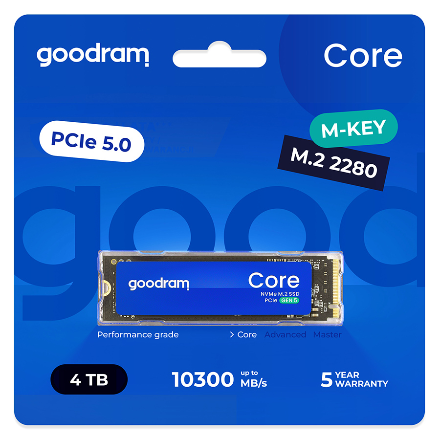 Dysk Goodram Core M.2 NVMe 4 TB, PCIe 5.0, M-Key, 10300 MB/s, 5 lat gwarancji.