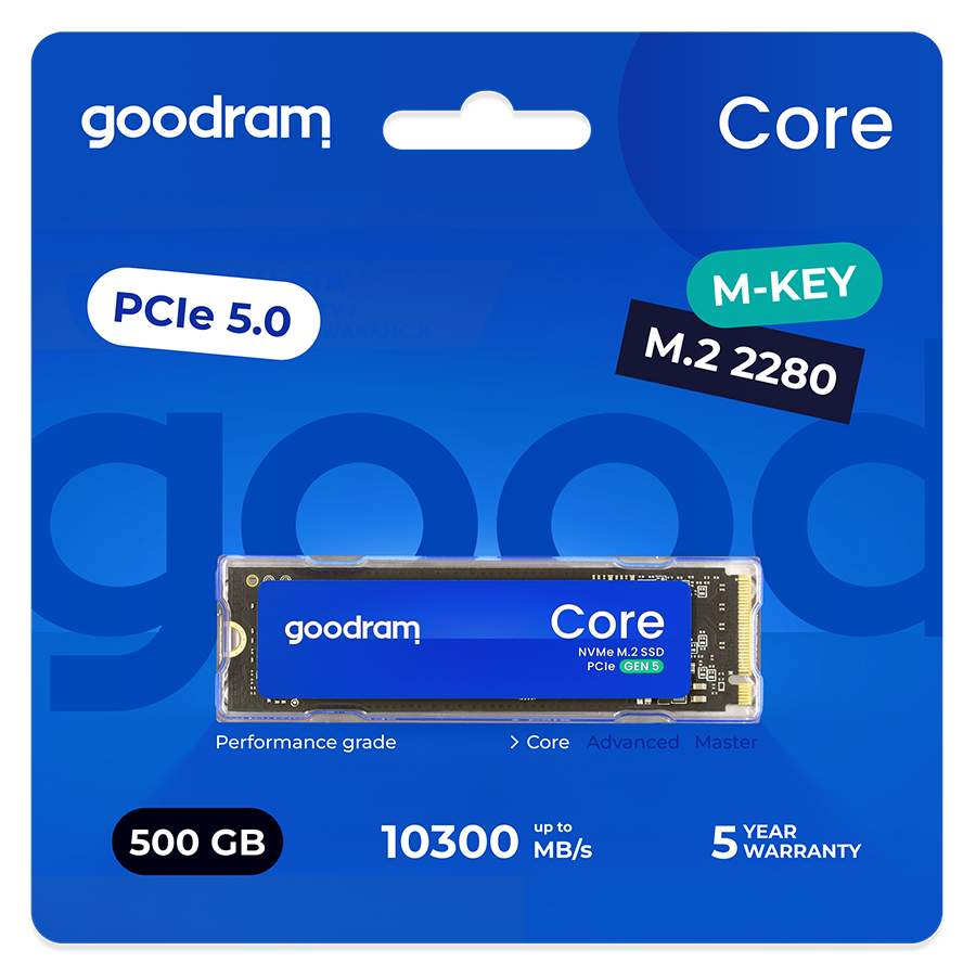 Dysk Goodram Core SSD: 500GB, PCIe 5.0, M.2 2280, 10300 MB/s, 5 lat gwarancji.