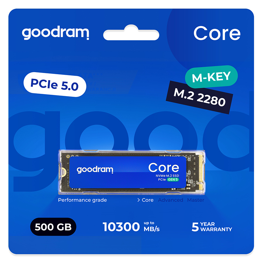 Dysk SSD Goodram Core, PCIe 5.0, M.2 2280, 500 GB, 10300 MB/s, 5 lat gwarancji.