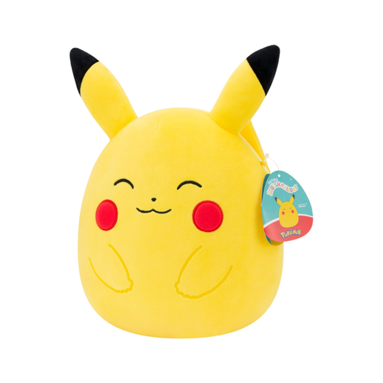 Un peluche giallo di Pikachu con guance rosse e punte nere sulle orecchie.