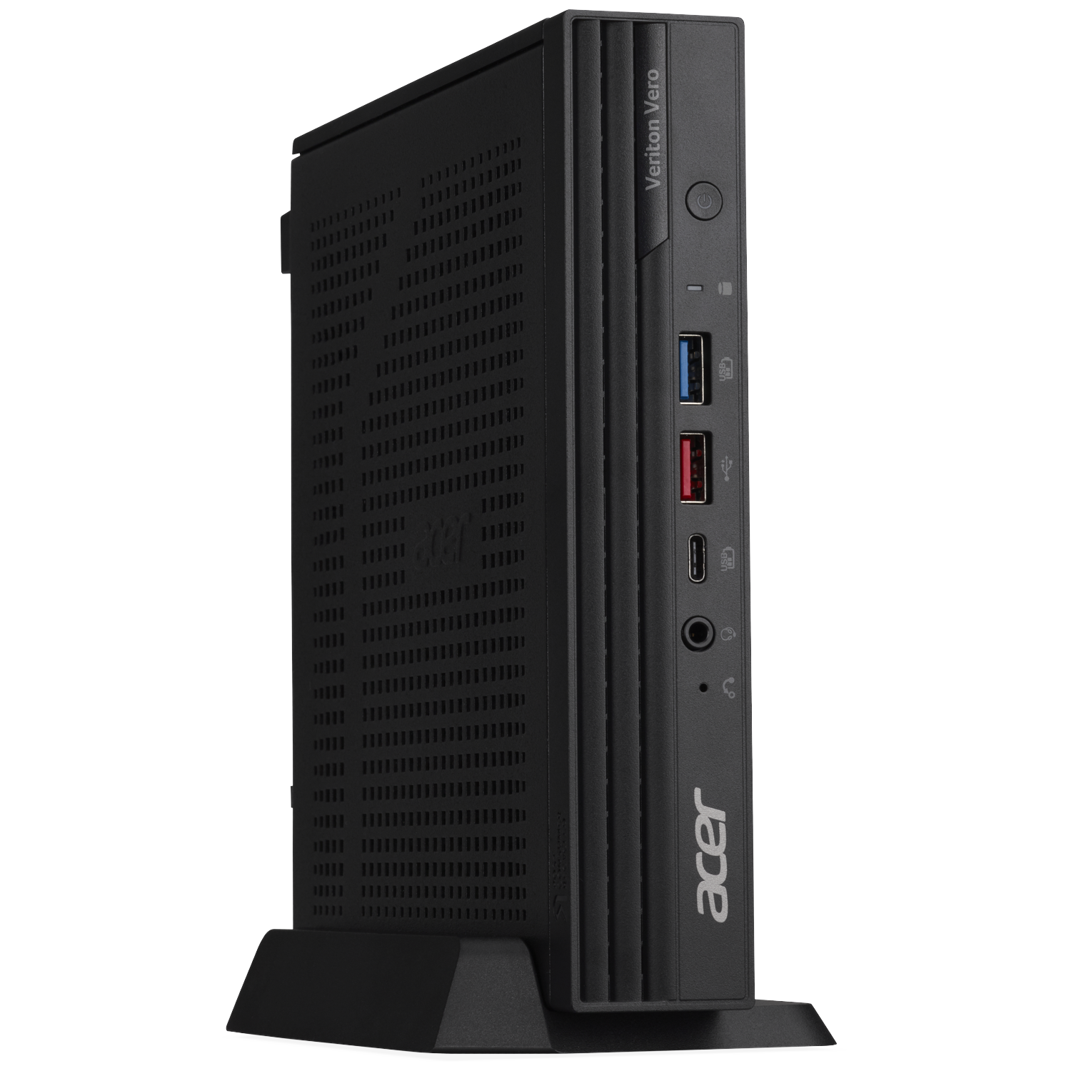 Black Acer Veriton Vero mini PC on a stand, showing USB ports and power button.