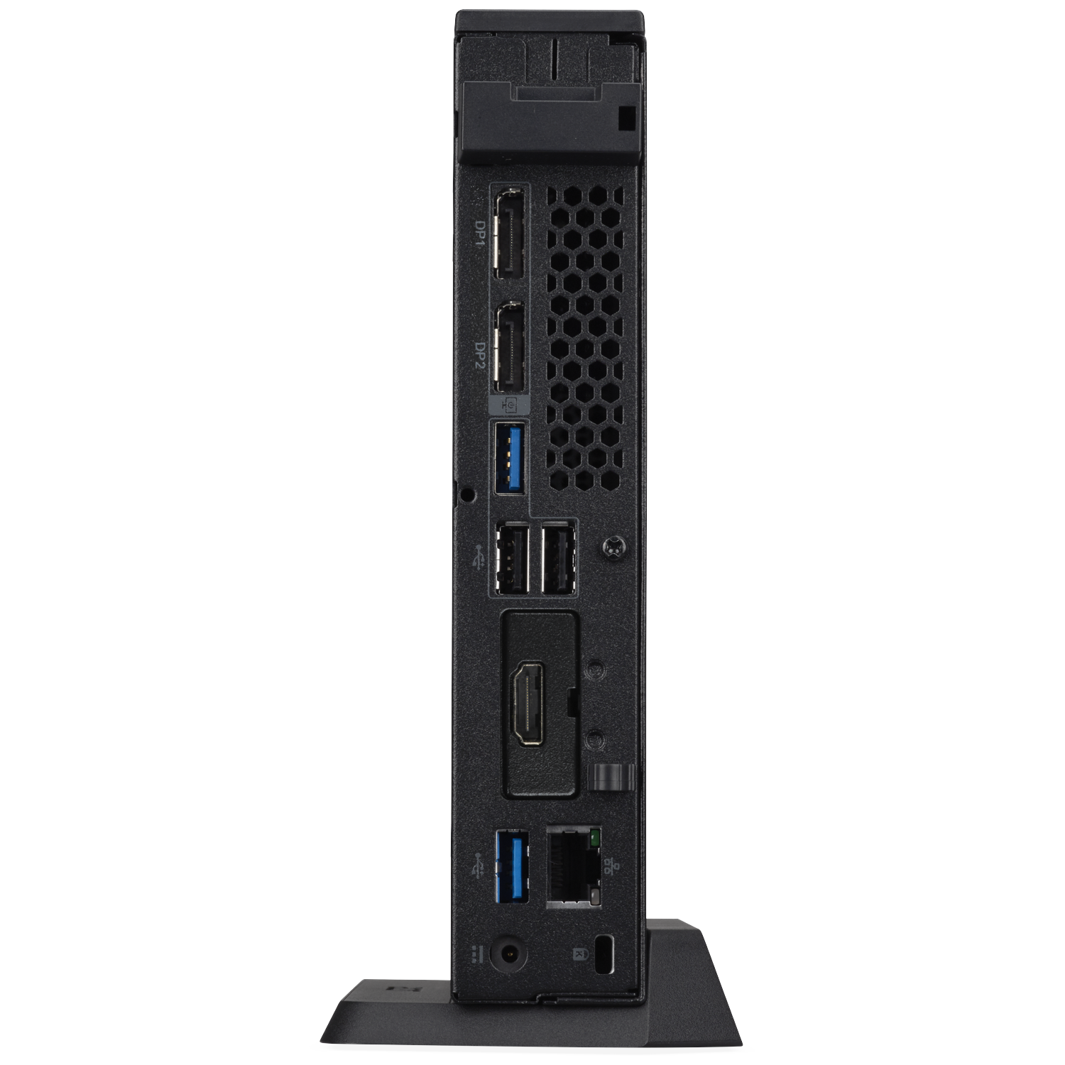 Back of a black mini PC showing ports: 2x DP, 3x USB, 1x HDMI, 1x Ethernet.