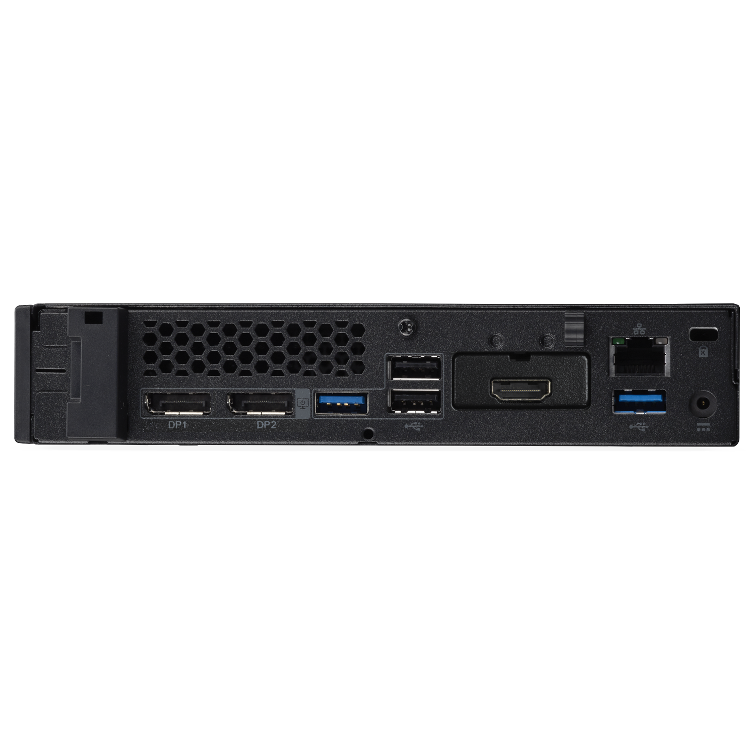 Back of a black mini PC showing ports: DP1, DP2, USB, HDMI, LAN, USB, audio.