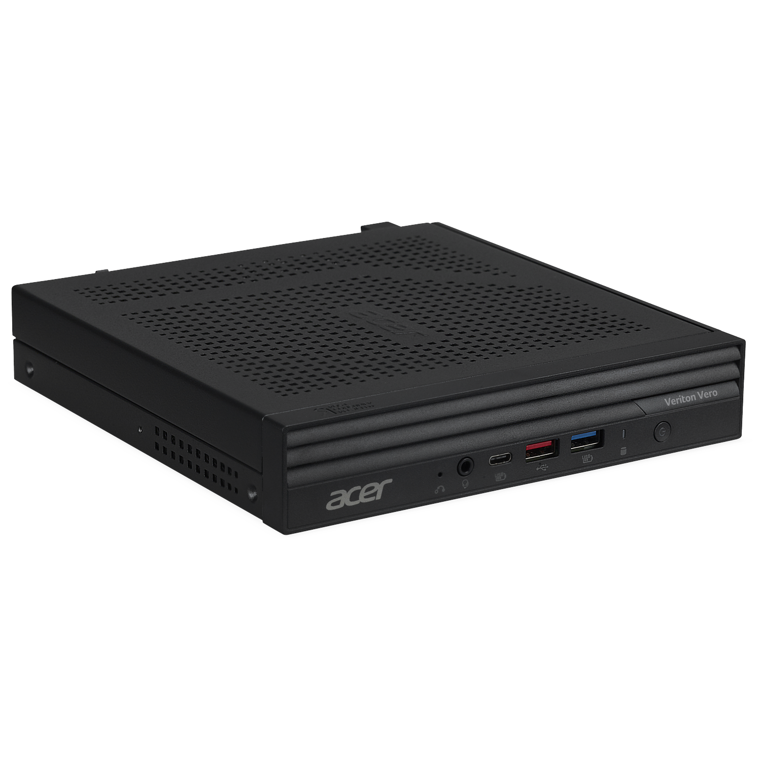 Black Acer Veriton Vero mini PC with perforated top and front ports.