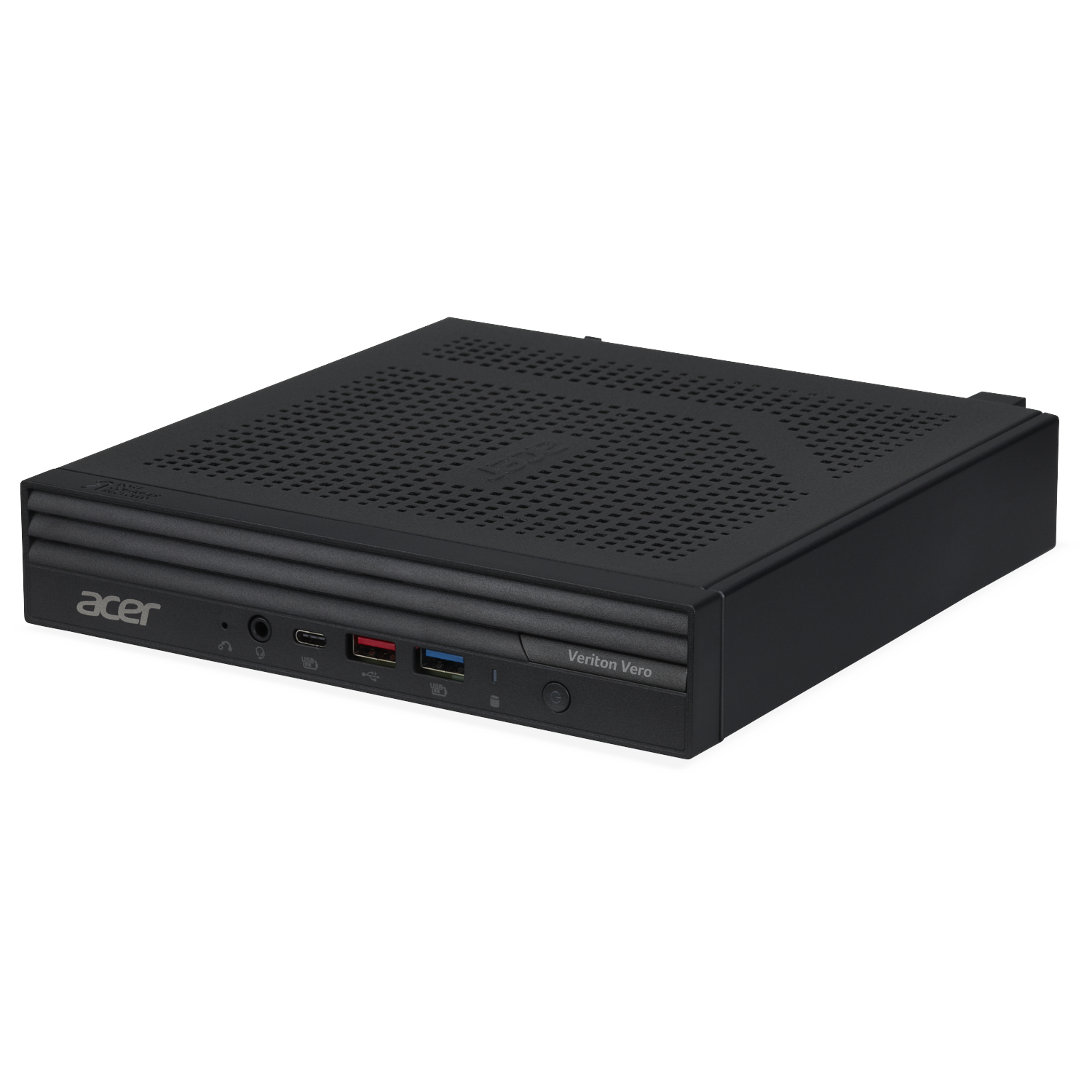 Black Acer Veriton Vero mini PC with perforated top and front ports.
