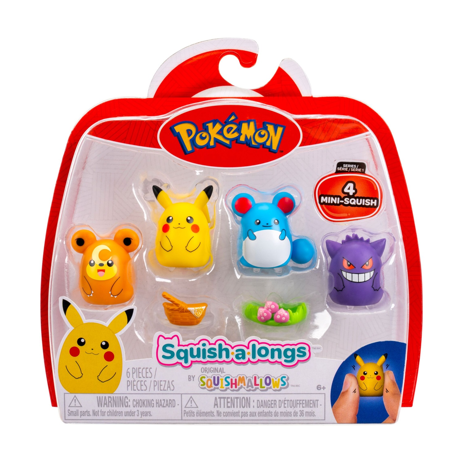 Set di mini-squish Pokémon: Pikachu, Azumarill, Gengar e Marill.