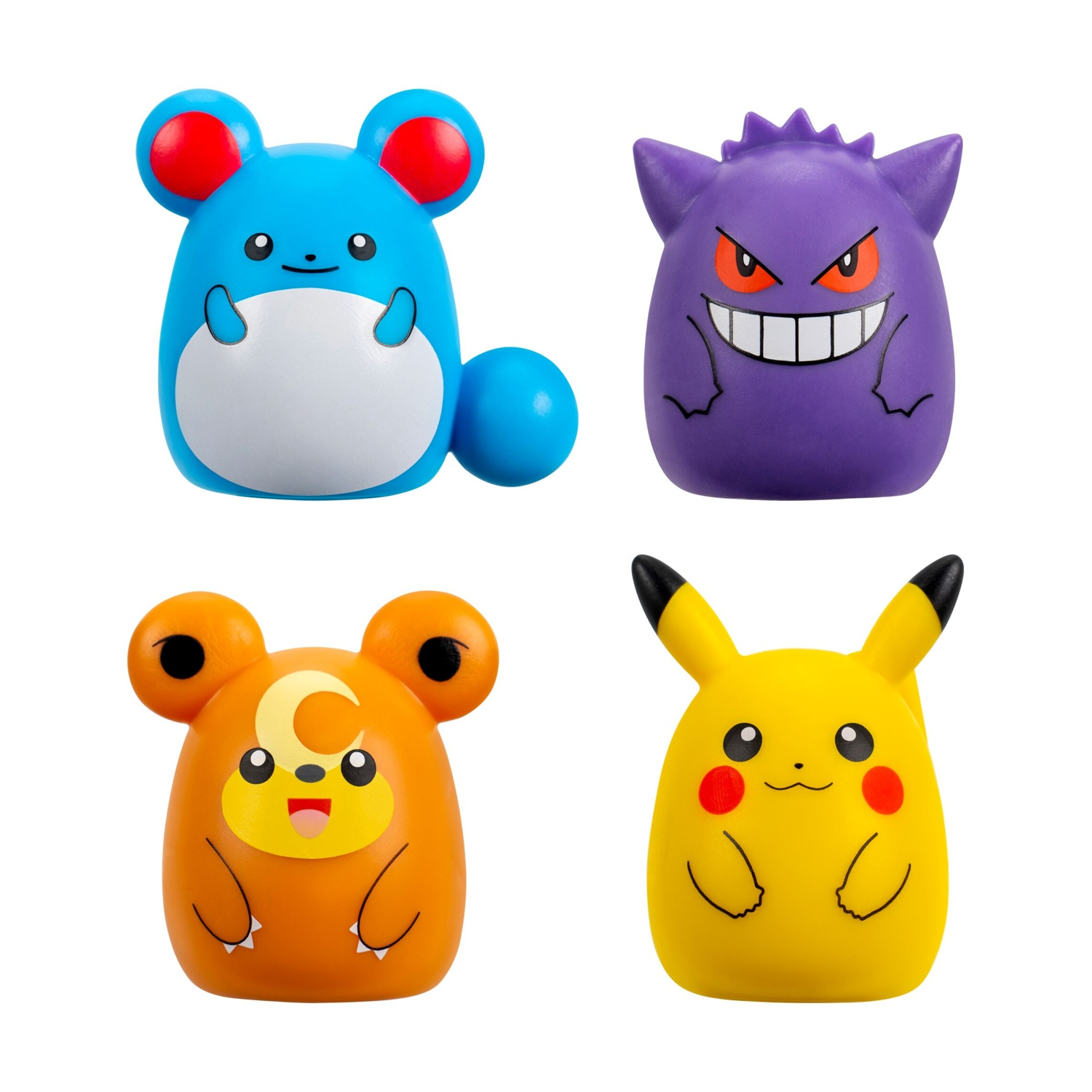 Quattro figure Pokémon: Azumarill, Gengar, Teddiursa e Pikachu.