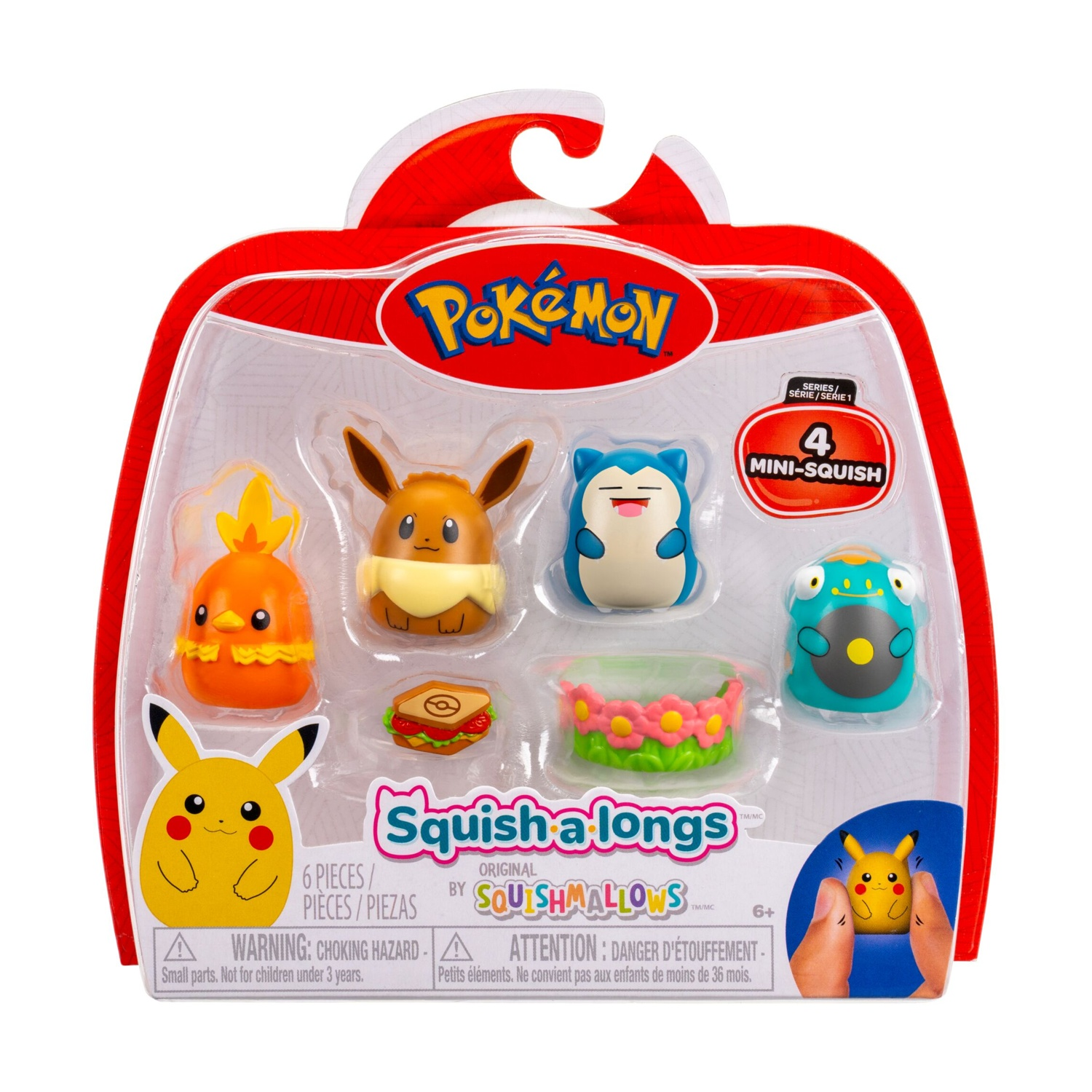Set di giocattoli Pokémon Squish-a-longs con Pikachu, Snorlax ed Eevee.